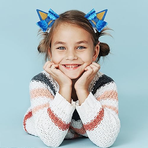 Miniatura 5 de Pinzas para el cabello con orejas de gato azul con purpurina para mujeres y niñas, paquete de 2 pasadores brillantes para disfraz de Halloween,