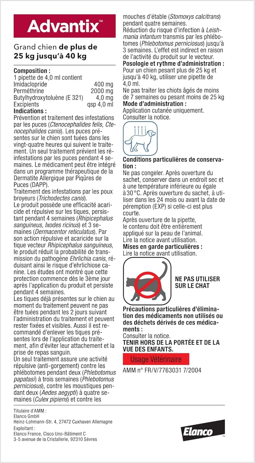 Advantix Grand Chien entre 25 et 40 kg – Pipettes pour chien contre 6 parasites – Traitement en pipette pour une protection en continu pendant 4 semaines – 4 x 4,0 ml