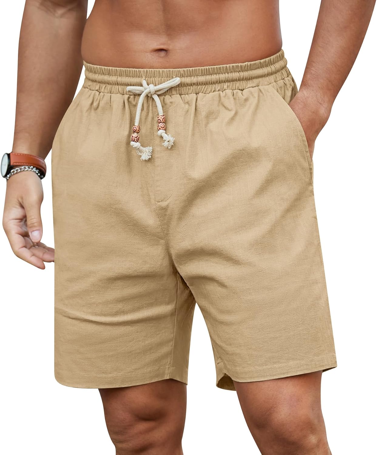 NITAGUT Mens Linen Shorts Classic Fit Short Elastic Waist Drawstring Summer Beach Shorts - Image 6