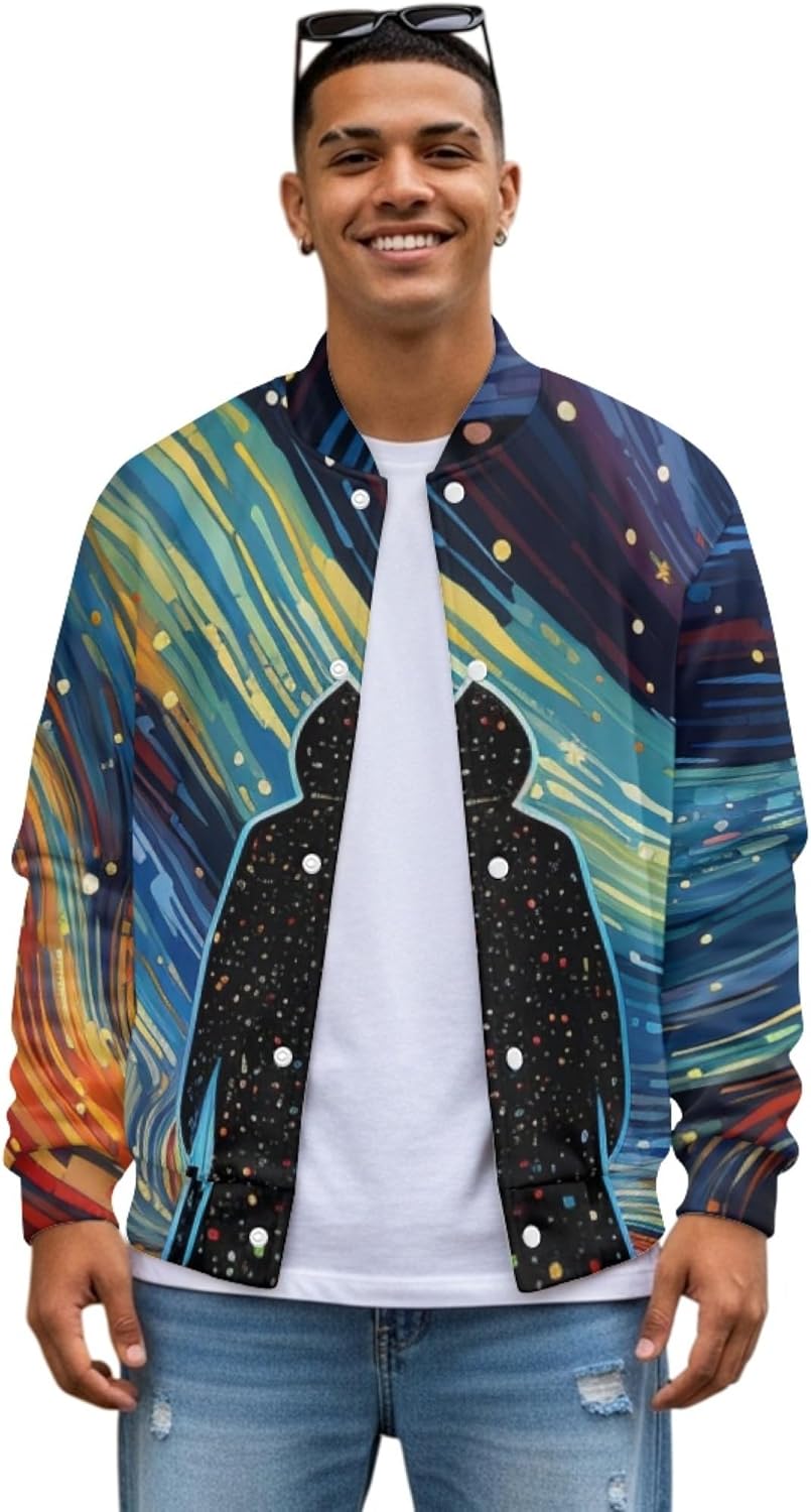 Men's 3D Starry-Sky Printed Novelty Fashion Varsity Baseball Jacket Casual Letterman Bomber Jacket Coat