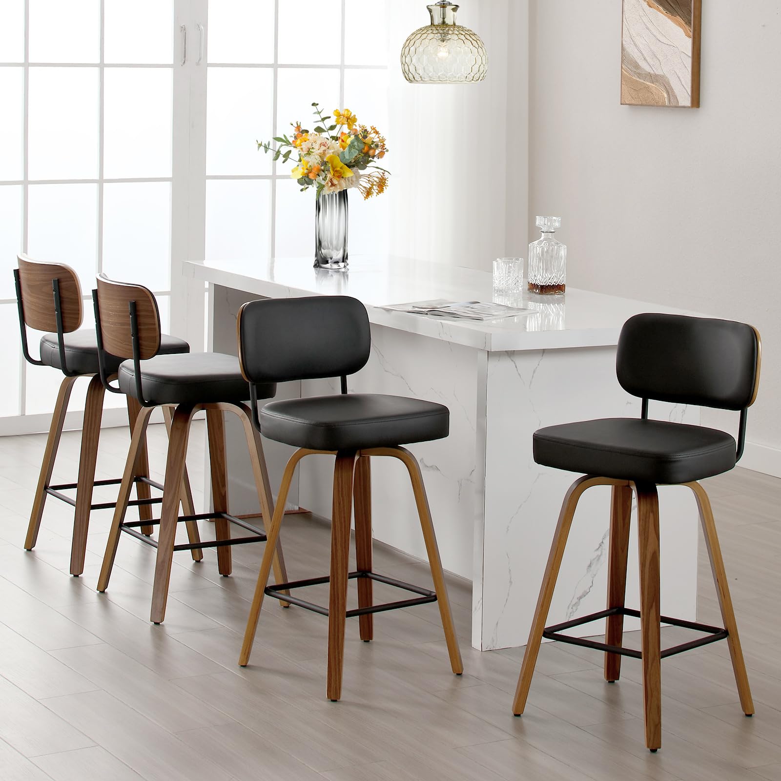 Bekrvio Swivel Counter Height Bar Stools Set of 4, 26" Upholstered Faux Leather Barstools with Back and Bent Wood Legs, Mid Century Modern Bar Chair