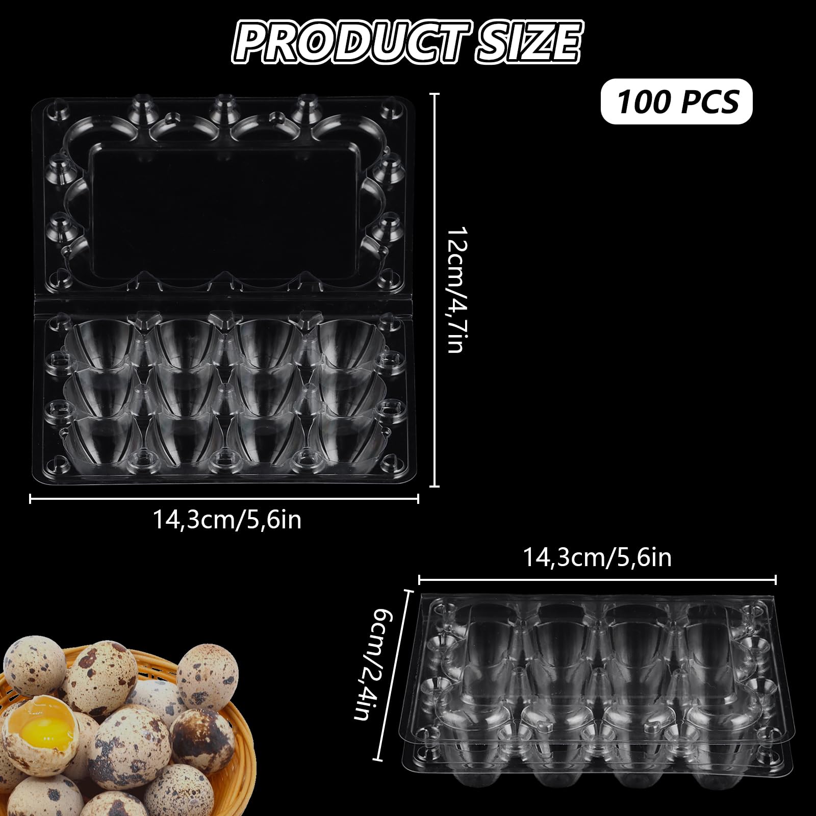 Boîte à Œufs de Caille - 150 Pièces, Boîte Œuf PVC Transparent 12 Alvéoles (3x4), Rangement Empilable pour Œufs de Caille, Pigeon, Faisan + Coupe-Œuf Inox