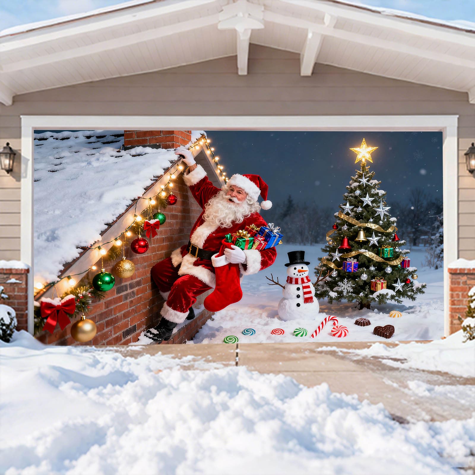 Banner Christ Mas Garage Door Garage Banner Santa Snowman Christmas Festive Outdoor Hanging Sign Winter Holiday Party Large Background Mural Suitable for Home Outdoor Indoor Party Wall