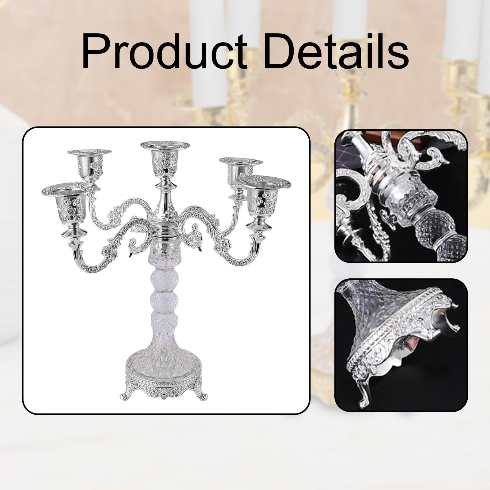 Candelabro cónico de Cinco Brazos, Ideal para Interiores como Bodas y cenas, Plata, Individual
