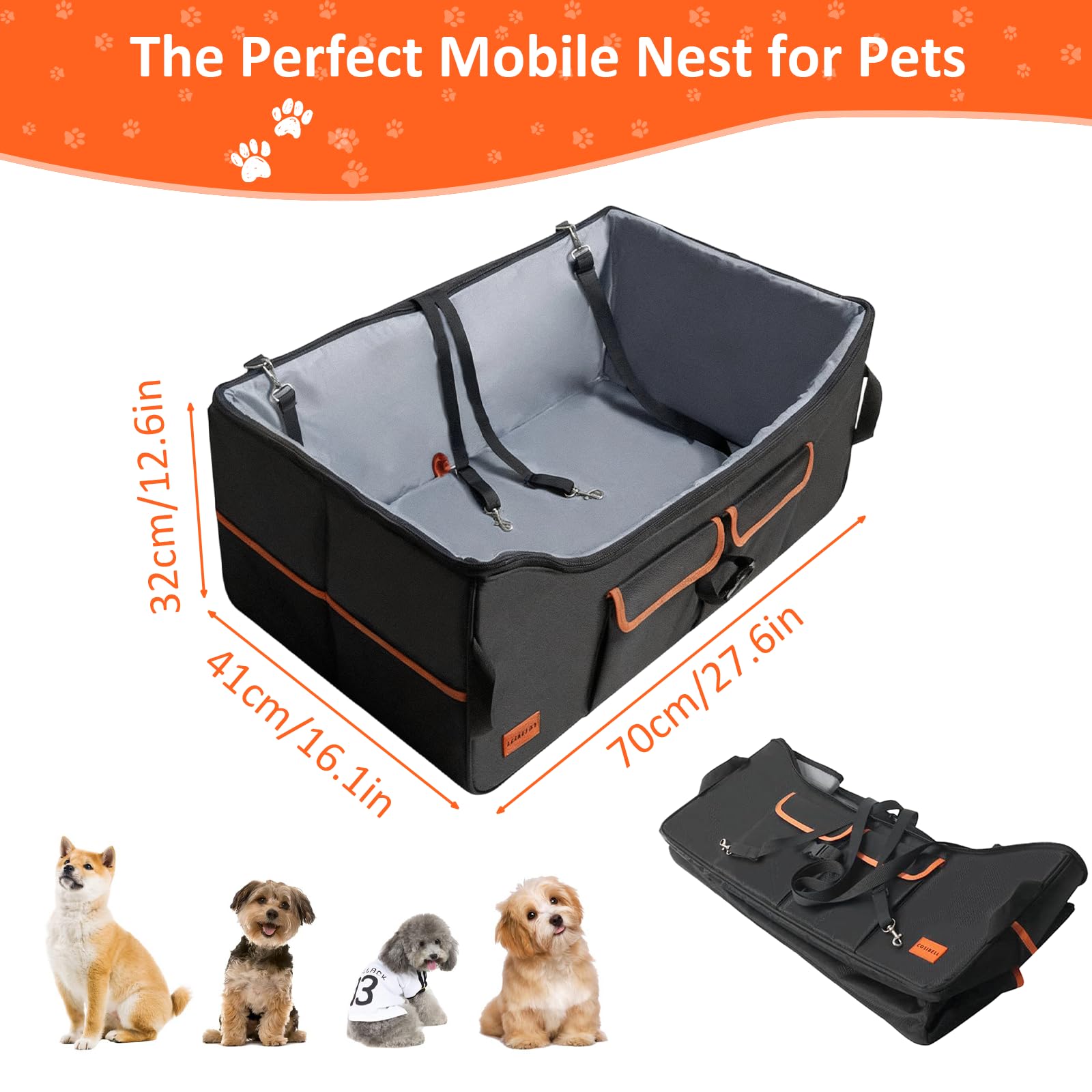 Hunde-Autositz für kleine/mittelgroße Hunde, erhöhter Haustier-Autositz mit Aufbewahrungstaschen, Hundebett mit Sicherheitsleine, Reisebett mit Sicherheitsleine, Welpenautositze für Rücksitz, 68,6 x