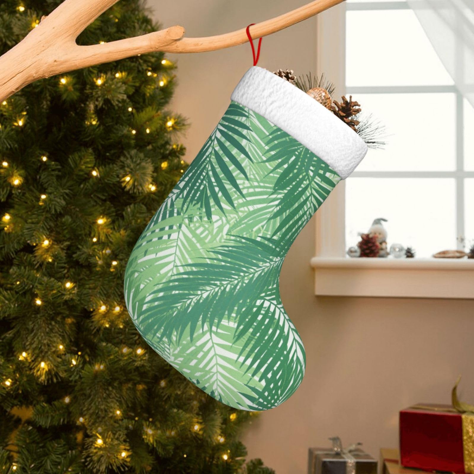 Velvet Christmas Stockings 17.7 Inch, Green Palm Xmas Stocking with Soft Cuff,Classic Personalized Christmas Tree Decoration for Family Holiday New Year Party Supplies