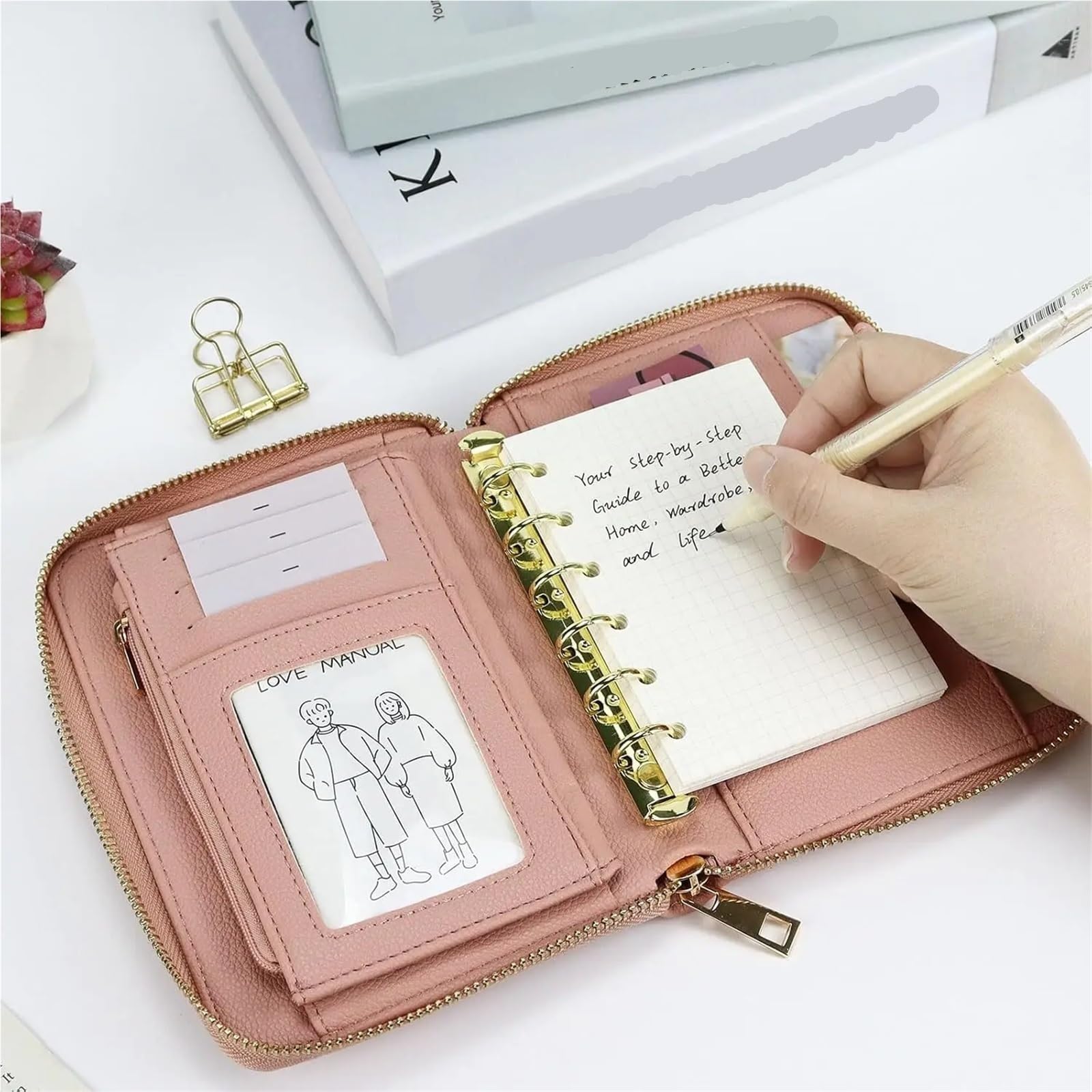 Classeur de Budget en cuir A7, enveloppes d'argent, système de portefeuille, planificateur, organisateur, couverture en PU à 6 anneaux, carnet de notes avec fermeture éclair(Skin pink)