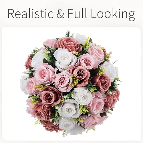 Miniatura 5 de Esferas de flores para centros de mesa, rosas de boda, 10 bolas de rosas artificiales con base, bola de flores falsas de rosa polvorienta, bola de