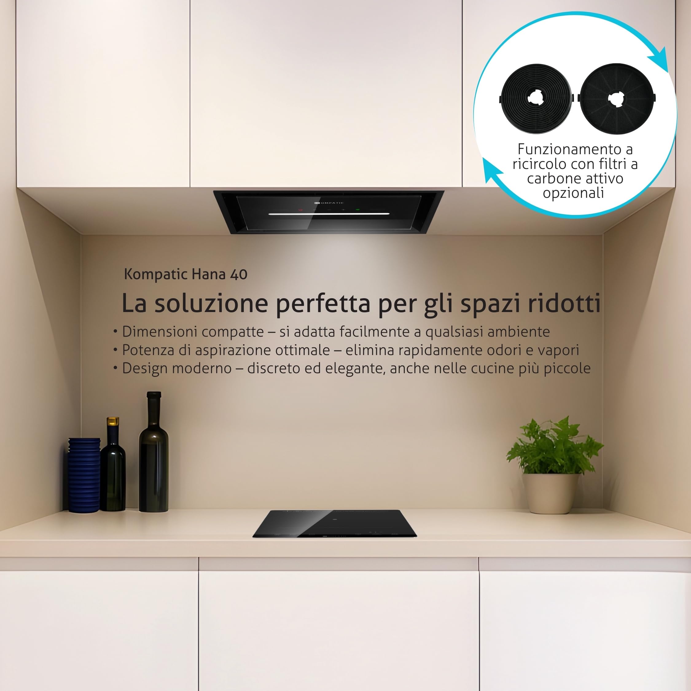 HANA 40 KPHN40BIB Cappa aspirante Incasso, A++, 40 cm, Controllo gestuale, Touch, Telecomando, Modalità purificazione aria, 450 m³/h, LED dimmerabile, Regolazione temperatura colore, Nero
