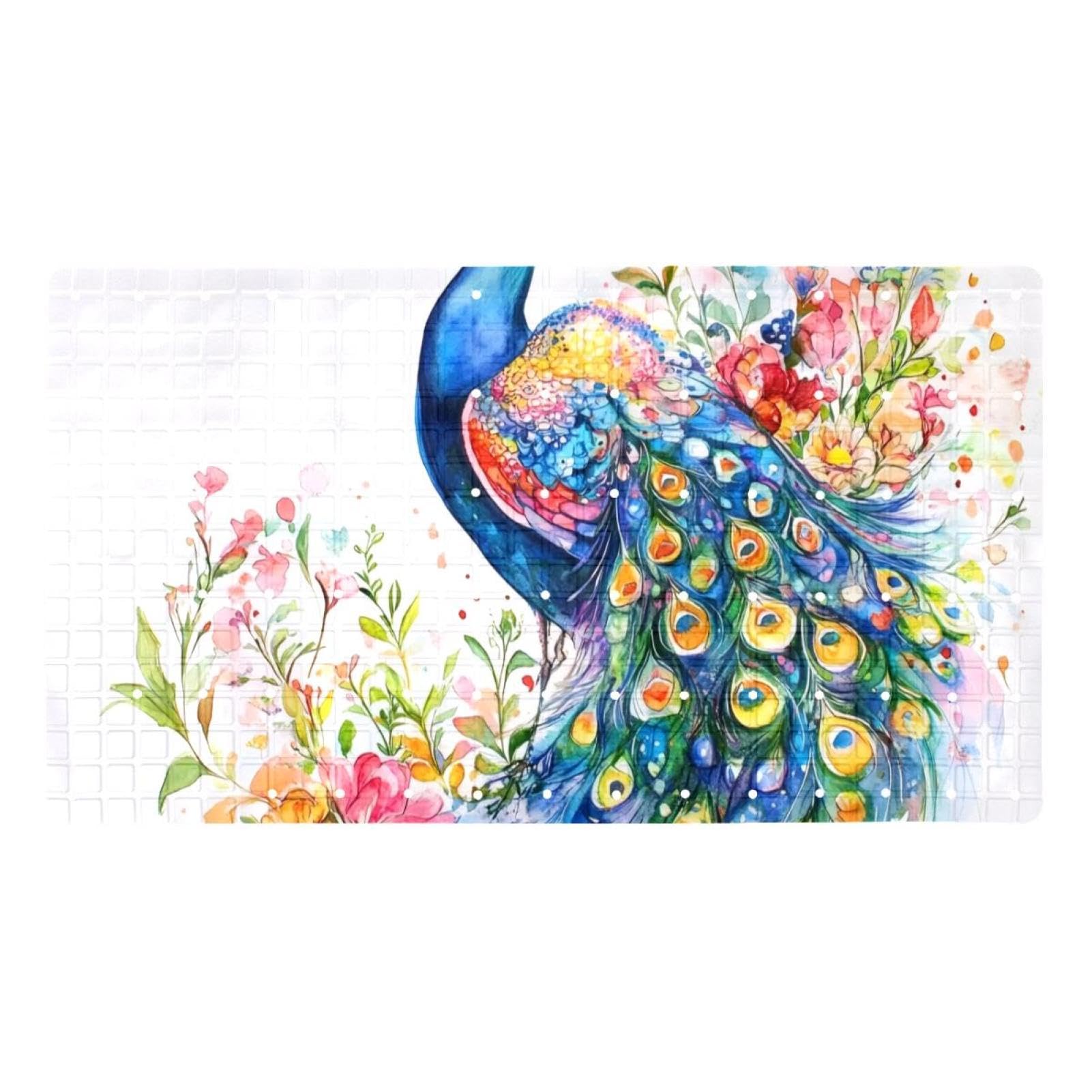 Rutschfeste Badematten für Badezimmer, rechteckig, Motiv: Pfau mit Federn, 40 x 70 cm