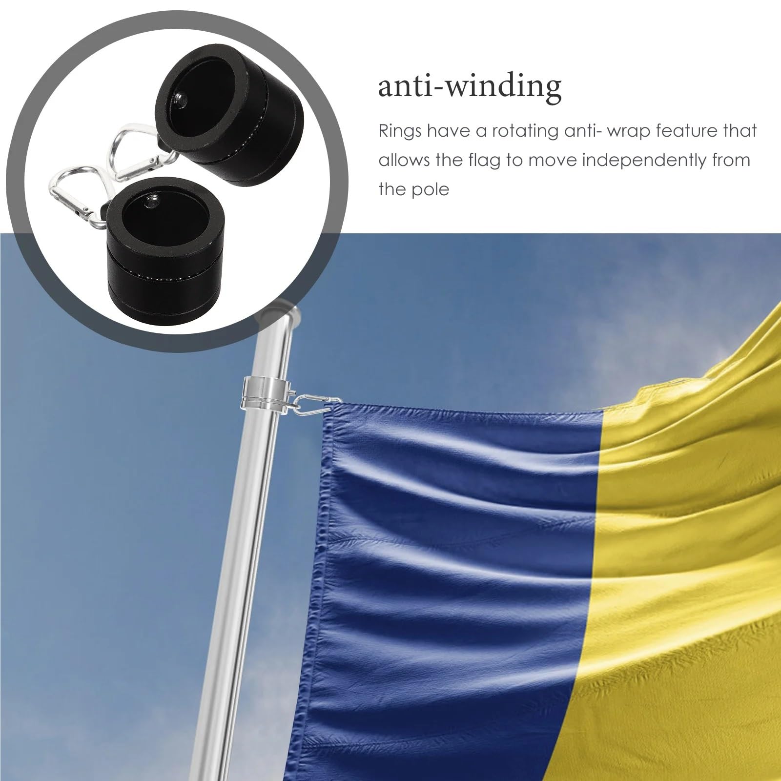 Lot de 2 anneaux rotatifs pour mât de drapeau de jardin avec clip pour œillets pour accessoires de support de mât (noir)