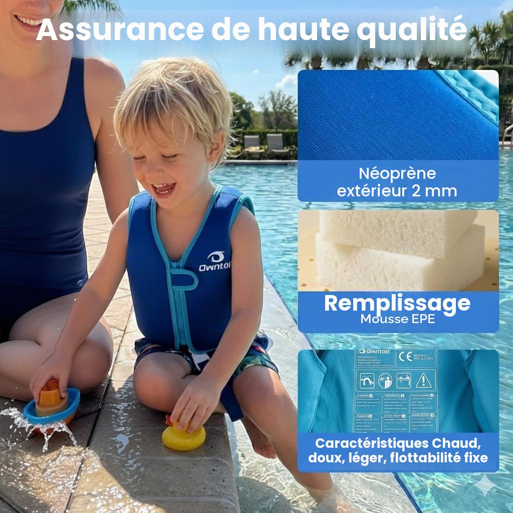 Owntop Gilet de Natation pour Enfants - Gilet de Flottaison avec Bande d'Entrejambe | Aide à la Flottabilité Enfants| Veste de Natation en Néoprène Léger | pour Garçons et Filles de 2 à 8 Ans
