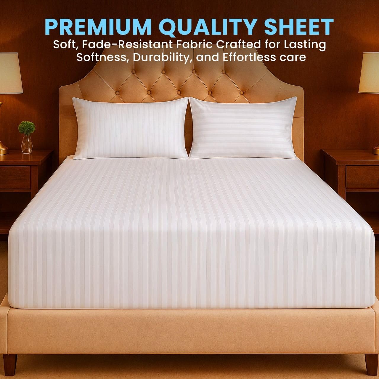 Linteum Textile Fitted Bed Sheets - 1 Pack 78x80x16 in. - King White Stripe Deep Pocket Bottom Sheet - Soft Cotton Blended Shrinkage & Fade Resistant - Ideal for Hotel, Motel & Rental Properties