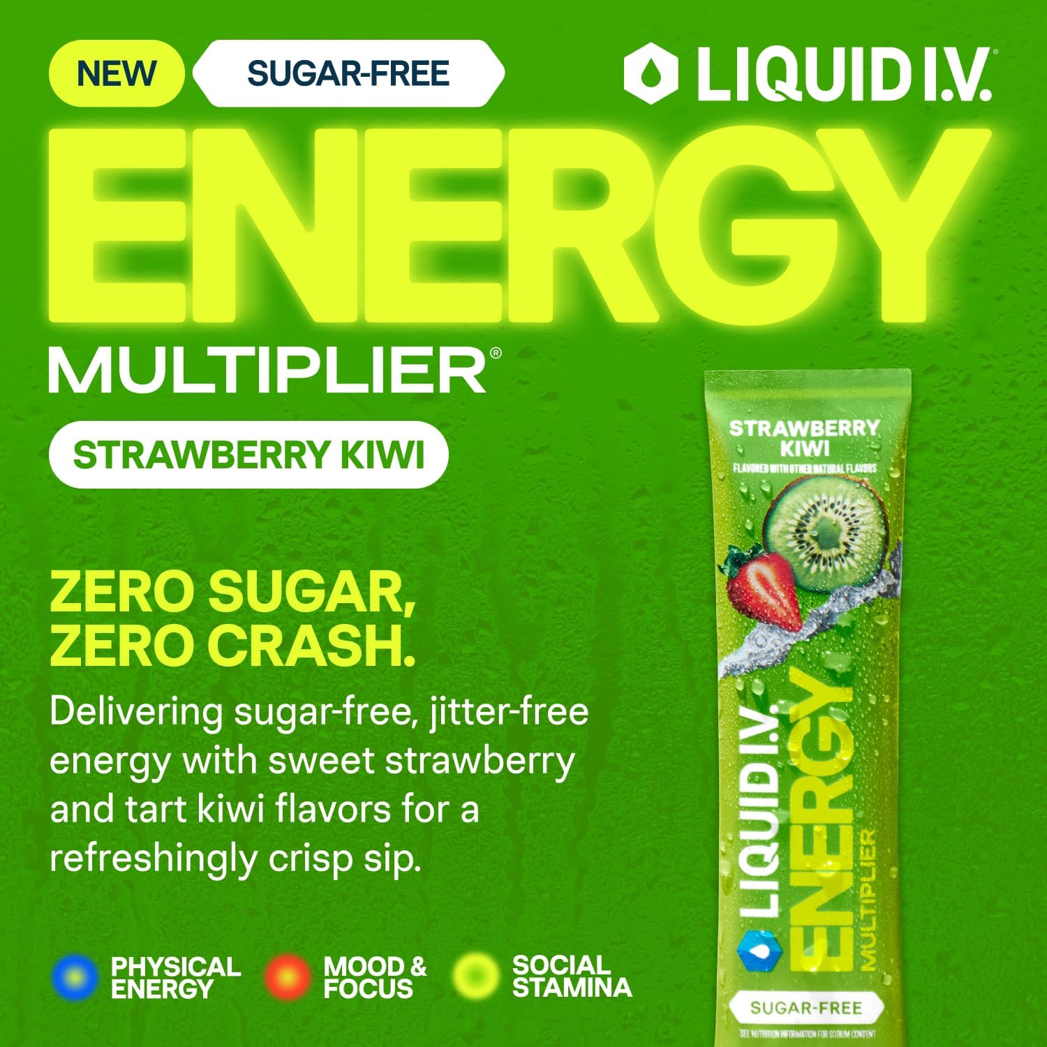 Liquid I.V.® Hydration Multiplier Sugar Free + Energy - Strawberry Kiwi | Electrolyte Powder Drink Mix | 1 Pack (14 Servings) - Image 2