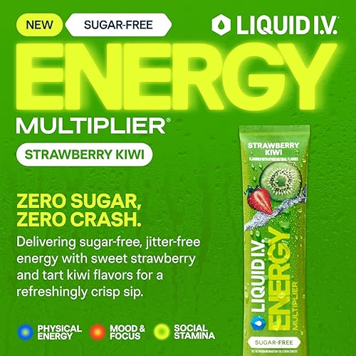 Miniatura 2 de Liquid I.V. Multiplicador de hidratación sin azúcar + energía, fresa y kiwi, mezcla de bebida en polvo con electrolitos, 1 paquete (14 porciones)