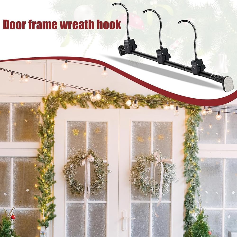 30in-80in Adjustable Garland Hanger for Front Door - No Screws No Damage Heavy-Duty Christmas Halloween Decoration Holder for Wreaths, Lights (2.6-3.2FT,Black)