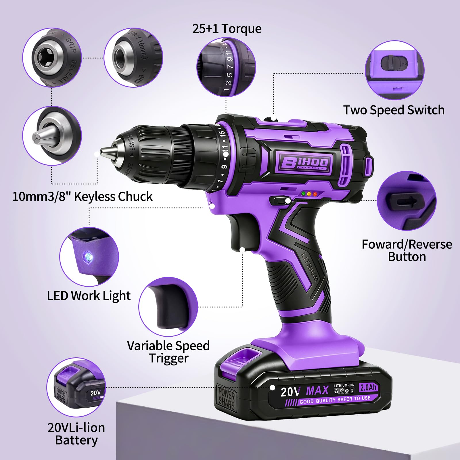 Set di trapano senza fili viola, trapano avvitatore da 20 V con batteria e caricabatterie, mandrino senza chiave da 3/8 pollici, velocità variabile, con set di punte per trapano