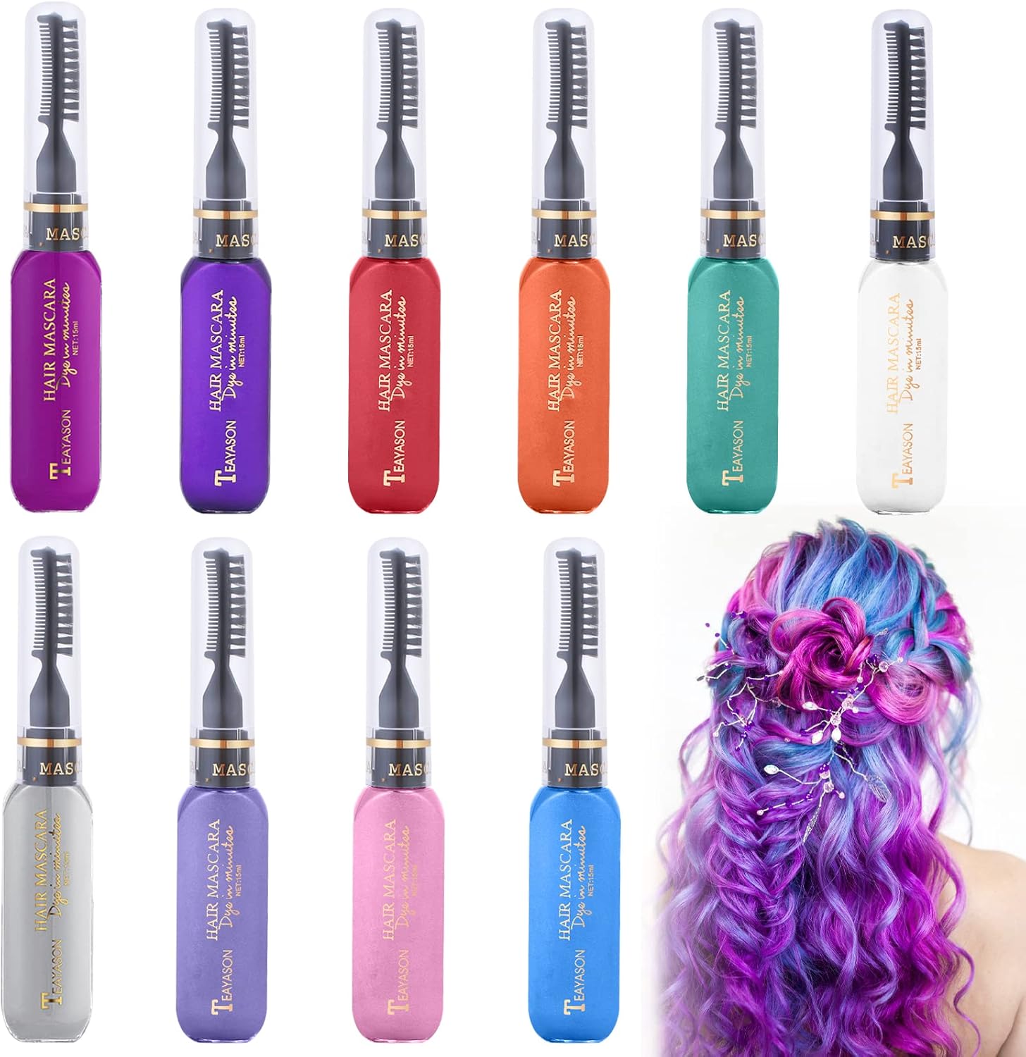 Hair Chalk Comb, Temporary Hair Dye, Chalk Comb, Non-Toxic and Washable Hair Chalk, Gift, Temporary Hair Colour, Colours for Carnival, DIY Cosplay, Party, Christmas, Halloween, Birthday, 10