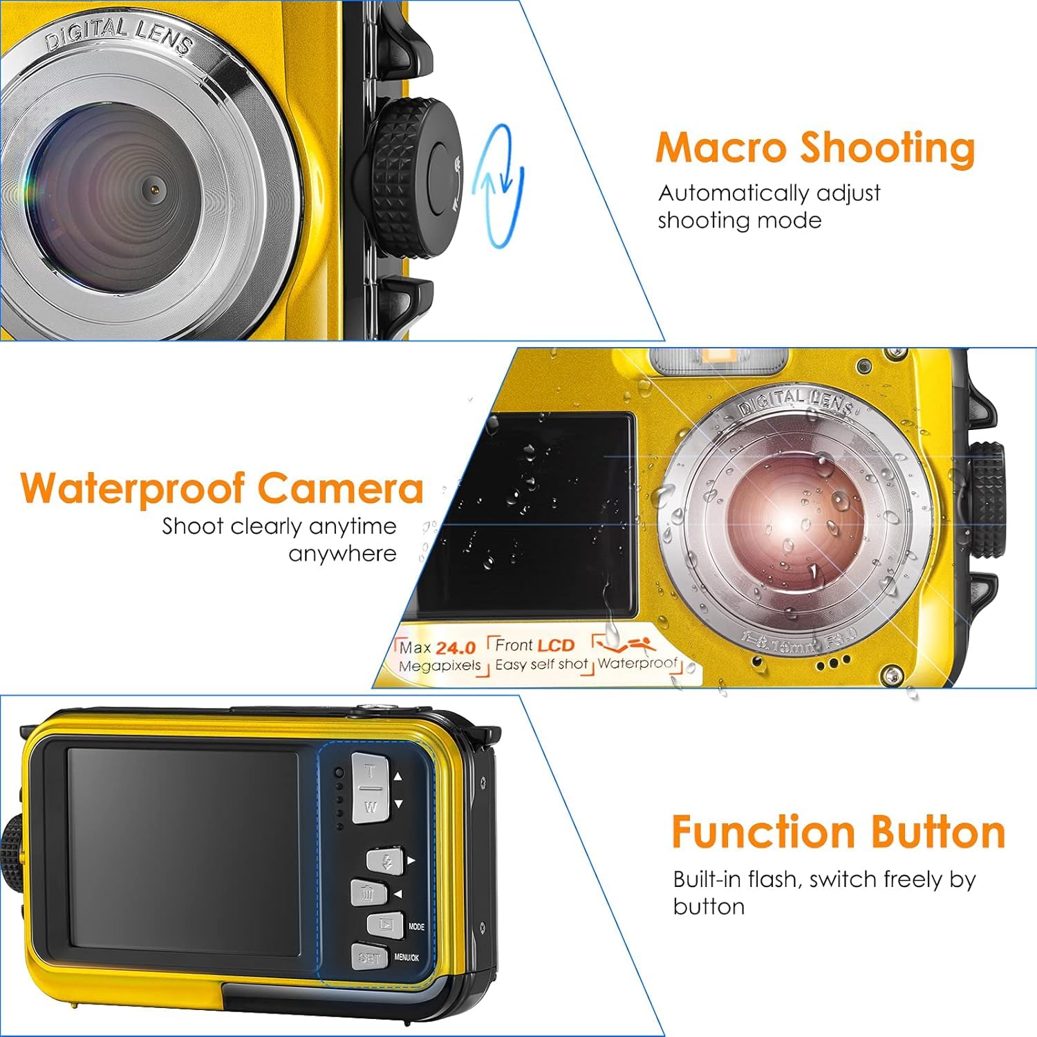 Appareil Photo Etanche Numérique,Full HD 2.7K 24MP Caméra sous-Marine Zoom Digital 16x Camera Etanche avec Double écran Caméra pour Adolescents Élèves Débutants Jaune