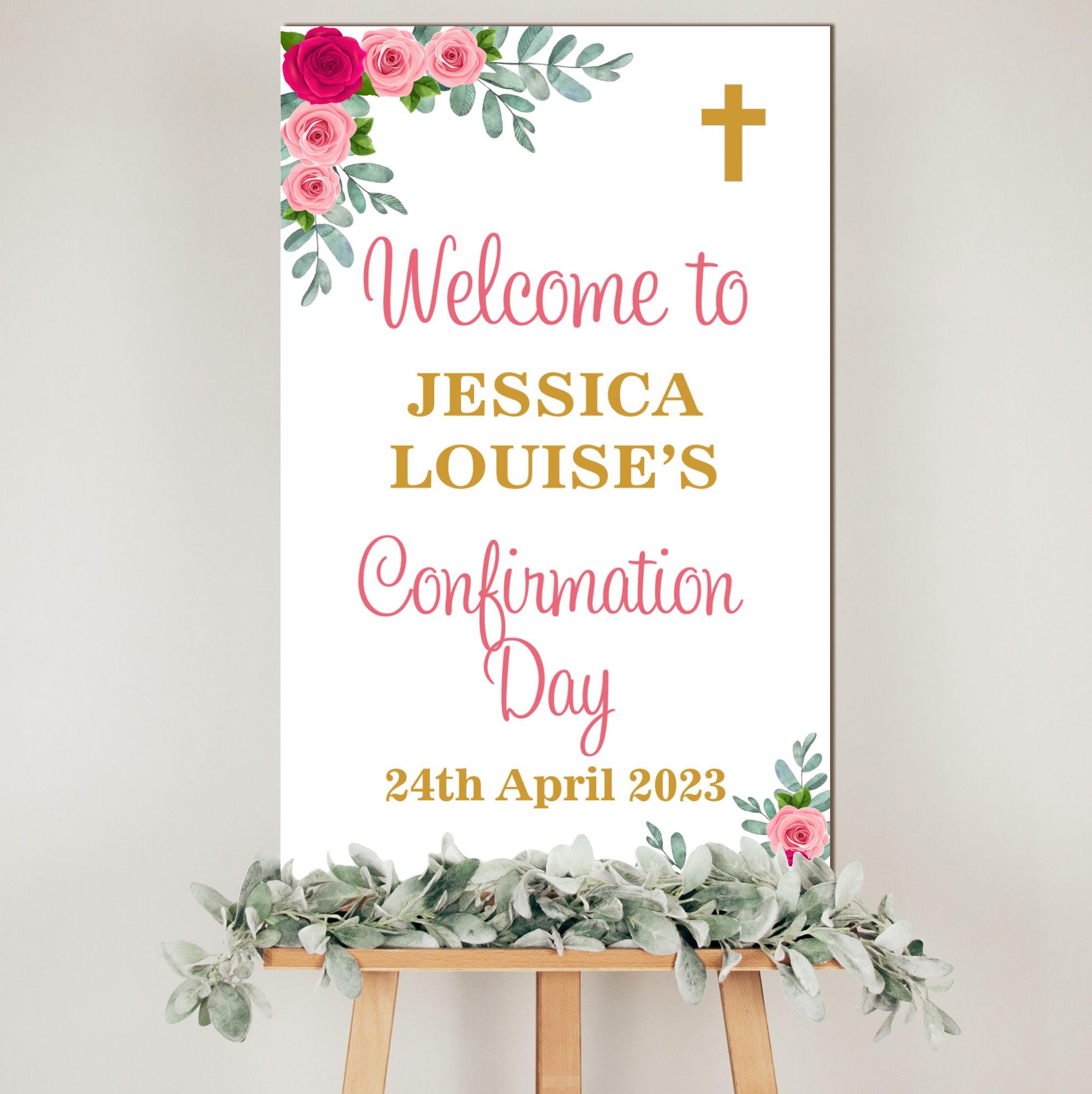 Personalised Christening Welcome Board โ Custom MDF Wooden Plaque with Floral Design, Custom Name & Date for Christening, Holy Communion or Confirmation (Pink, Confirmation Day)