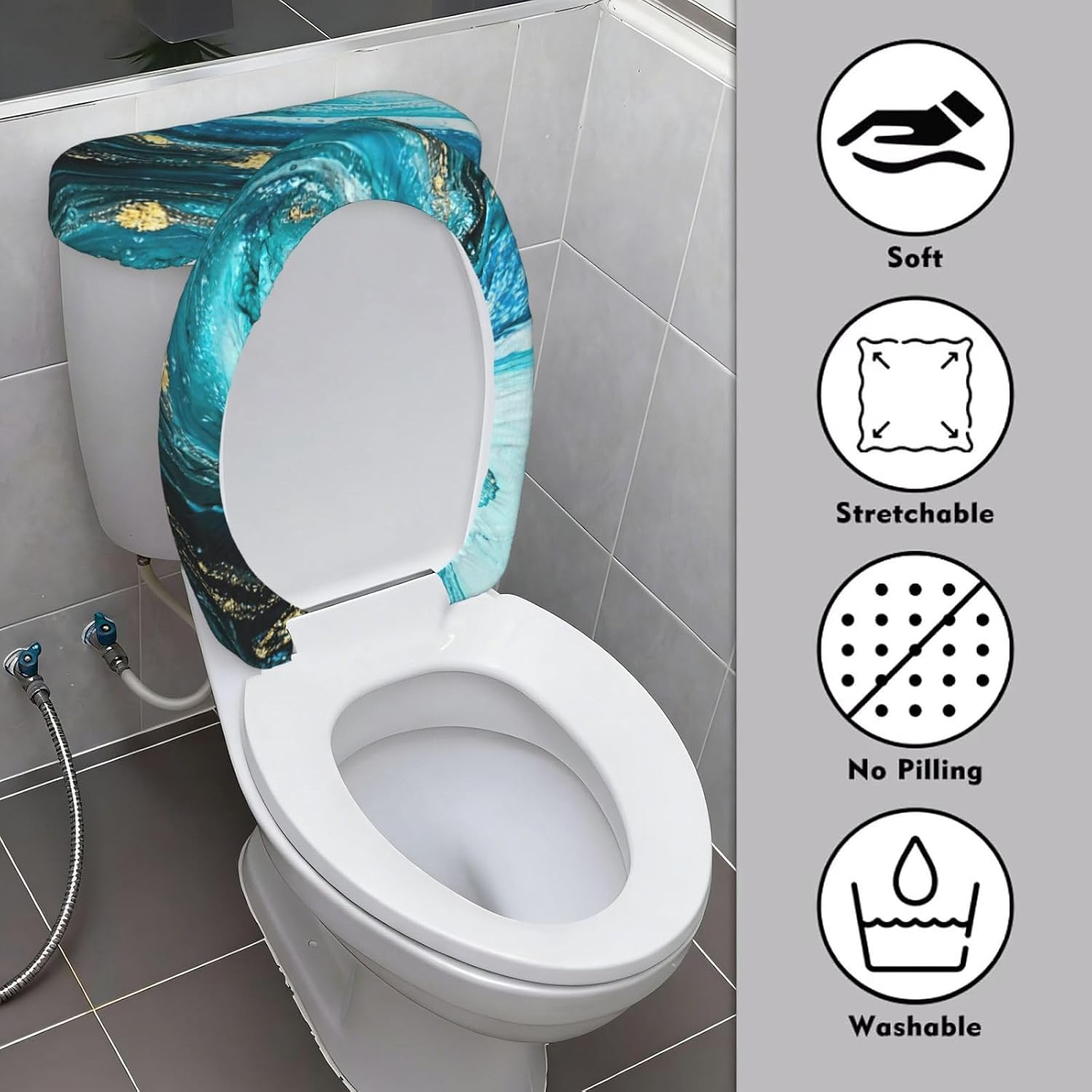 2 Pcs Turquoise Blue Gold Marble Print Toilet Lid Cover And Toilet Tank Lid Cover Set, Soft Stretchable Bathroom Covers, Fits Round And Elongated Toilet Seats, Washable And Decorative