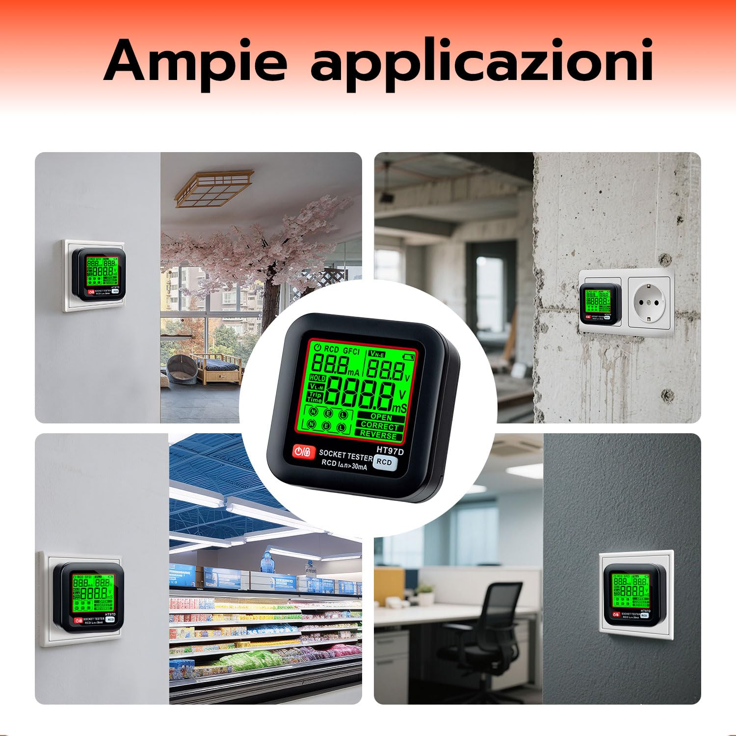 Wigearss Tester de Prese, Tester per Circuiti Elettrici con Test RCD e Display LCD, 6 Tipi di Diagnosi di Errore, Indicatore di Tensione di Dispersione e Corrente, Test FI, 30-260V/45-65Hz