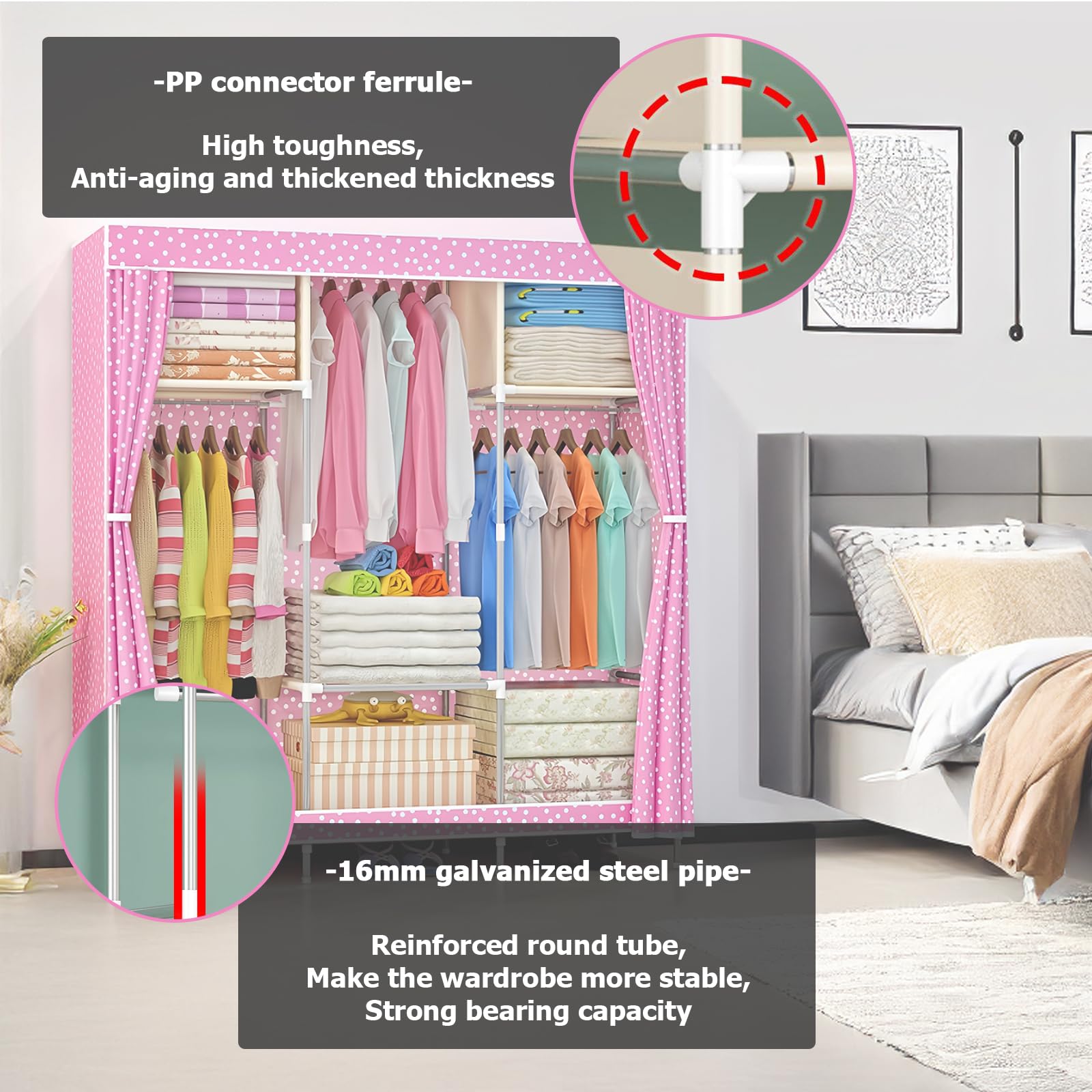 Armario Armario de Lona Armario de Tela Armario de Ropa Plegable Organizador de Almacenamiento con Riel para Colgar,Estantes de Armario para Dormitorio,Rosado-105x46x156cm