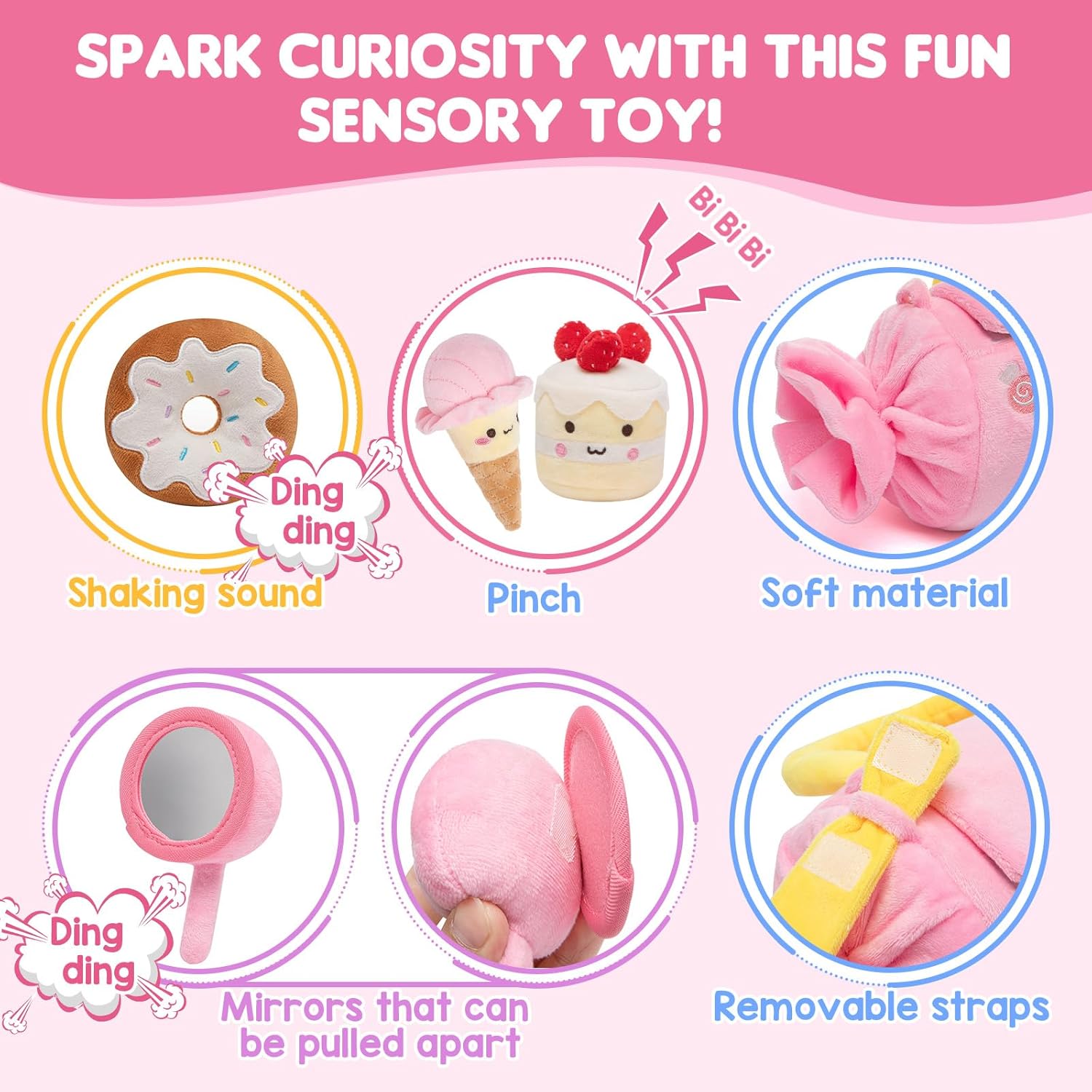 Baby Toys 6-12 Months,My First Candy Bag Plush Toy-5 Sensory dessert Soft Toys with Rattle, Crinkle Paper, Squeaker, Mirror,Busy Montessori Soft Toys for Toddlers,1st Birthday for Babies Girls