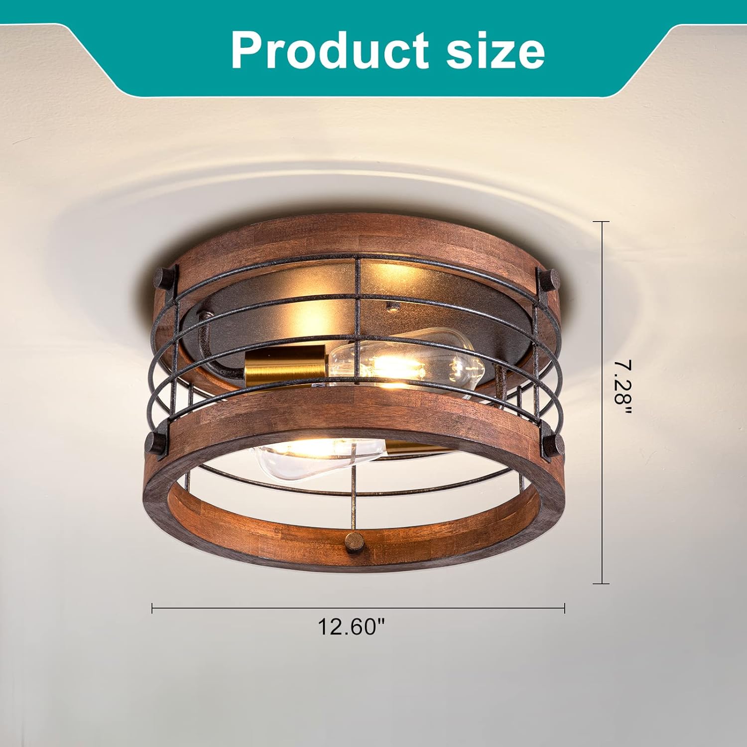Farmhouse Flush Mount Ceiling Light, 12.6 Inch 2-Light Metal and Wood Close to Ceiling Light Fixture, Rustic Drum Semi Ceiling Light for Kitchen, Dining Room, Living Room, Hallway, Entryway