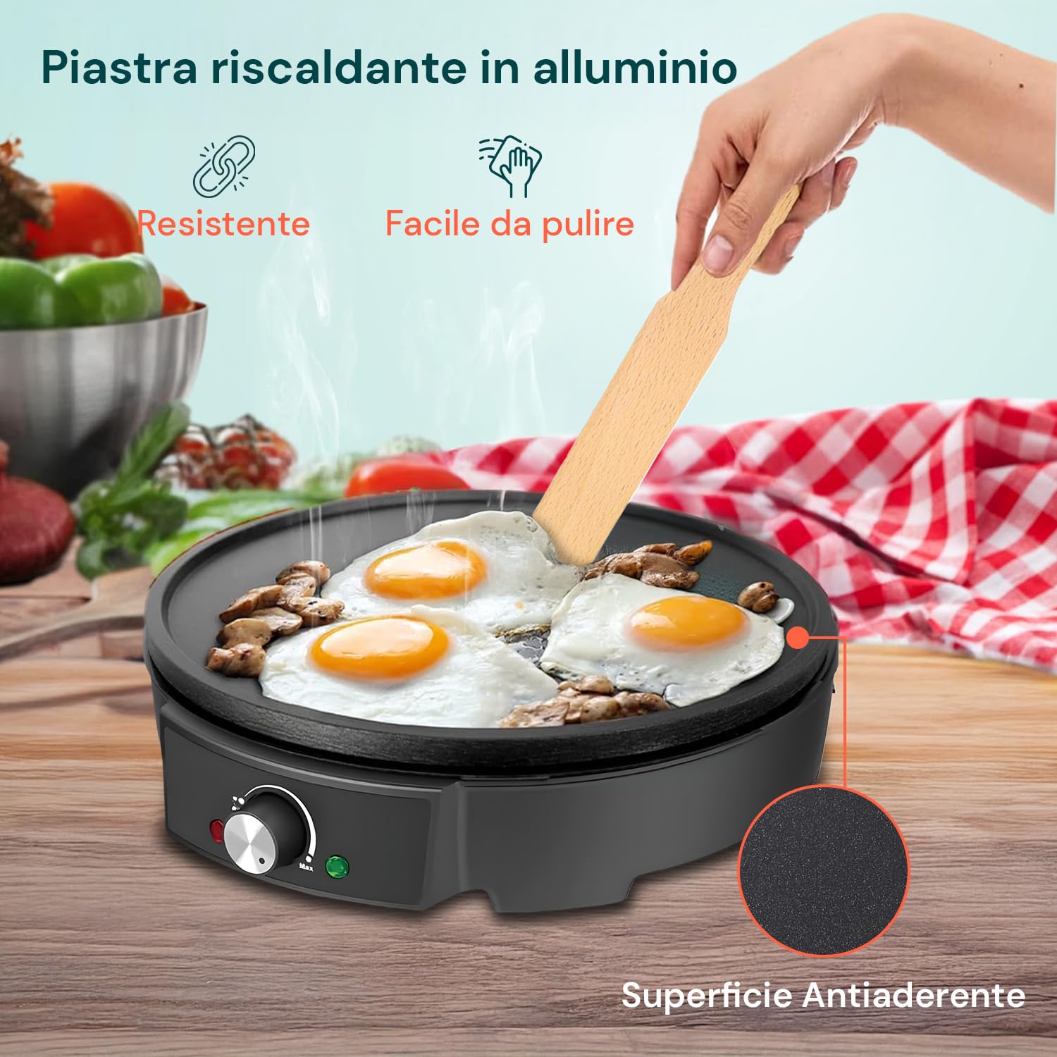 Avilia - Elektrische Crêpes-Pfanne 1200 W mit Antihaftbeschichtung, inklusive Holzspatel, schnelles Kochen, perfekt für süße oder herzhafte Crêpes, ideal für den Hausgebrauch und kreative Snacks