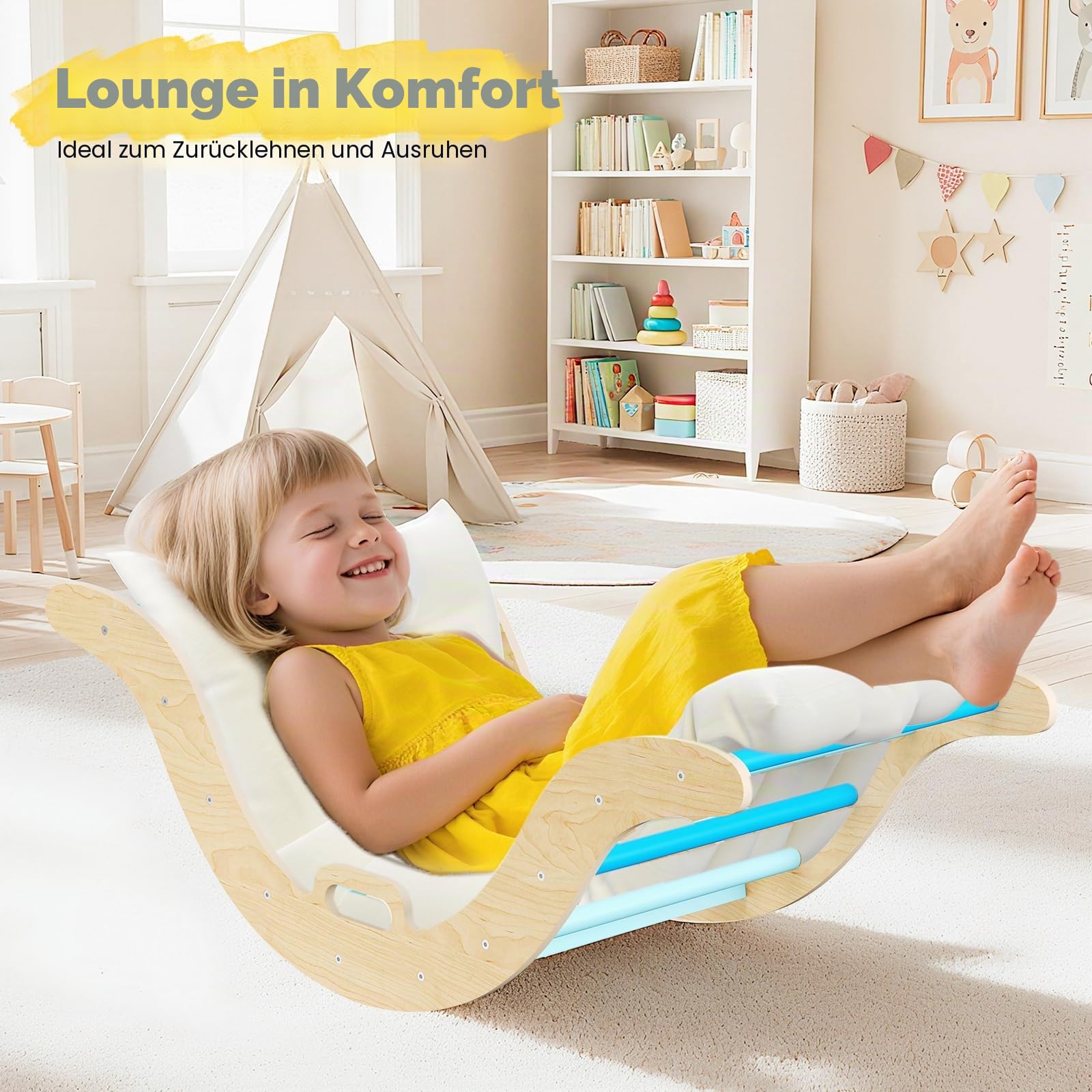 7-in-1 Montessori Klettergerüst Indoor, Kletterdreieck mit Rutsche & Kletterbogen, stabiles Holzkletterspielzeug mit Sicherheitsmatte, Indoor Spielplatz für Kinder ab 1 Jahr(Blau)