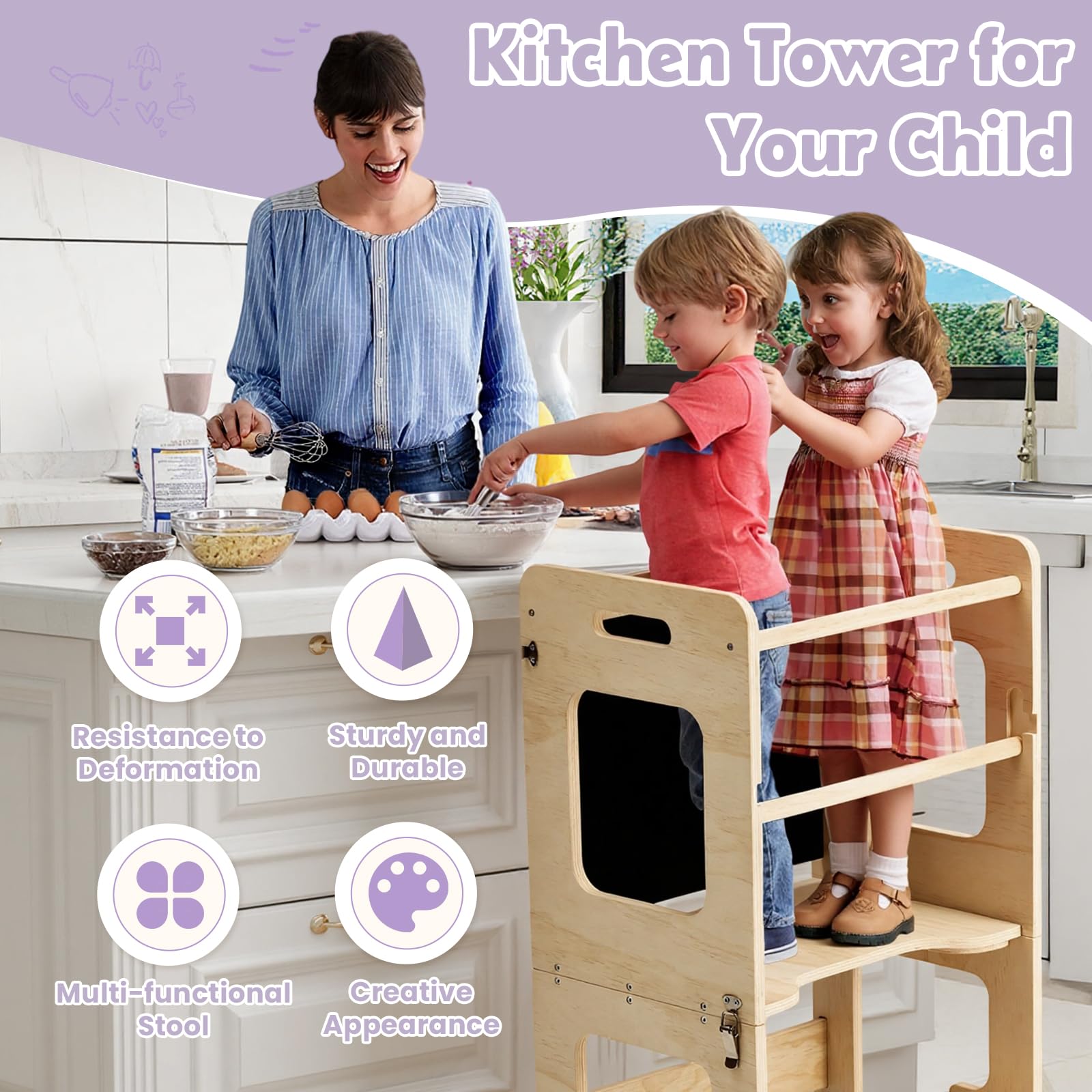 Labebe 4 in 1 Pieghevole Torre di Apprendimento Montessori per Bambini con Lavagna Nera Legno Anti-Ribaltamento 18 Mesi