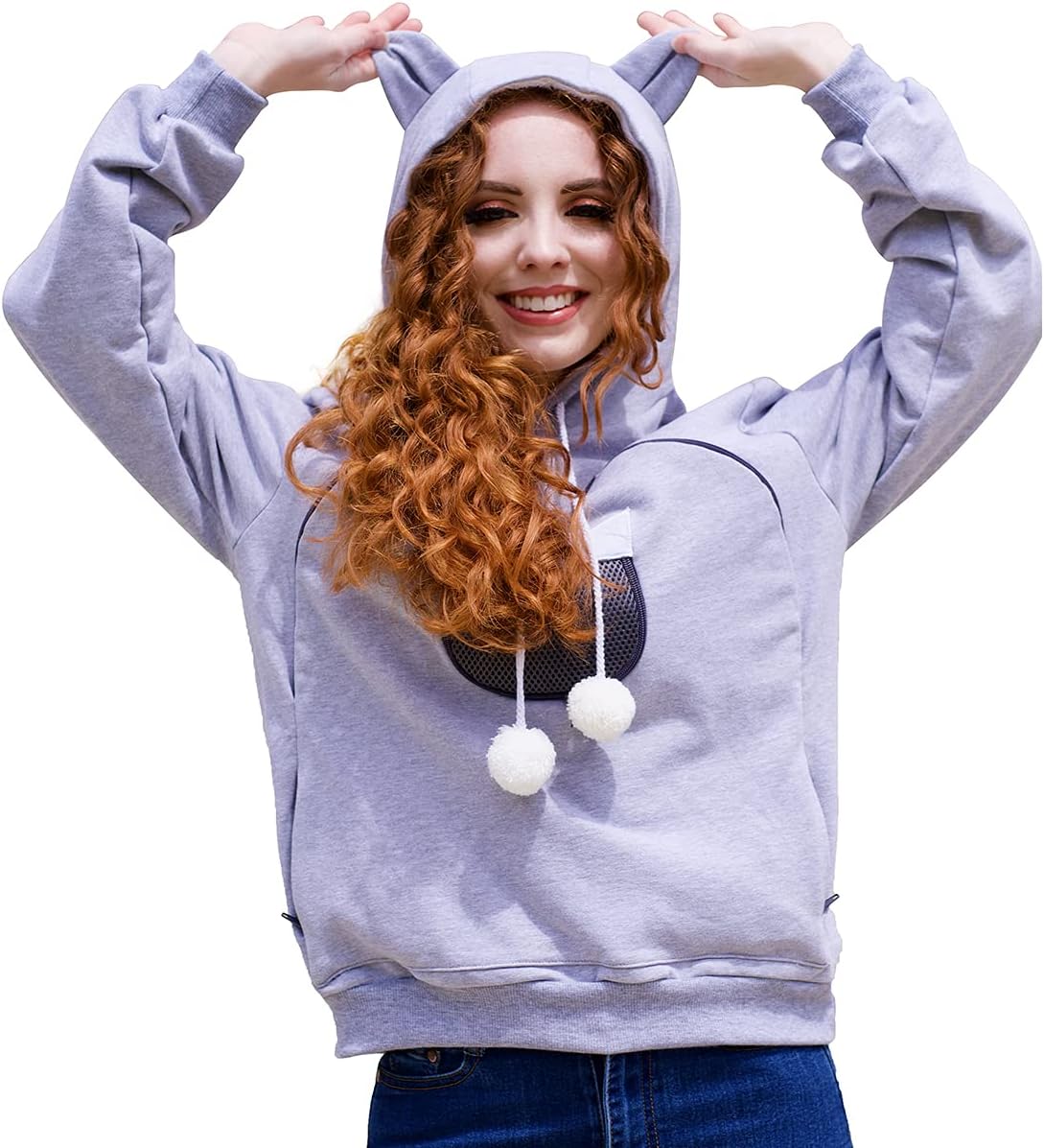 ALYC Unisex Hoodies Pet Holder Cat Dog Large Pouch Carriers Pullover with Cat Printing Sweatshirt (Light Grey-M)