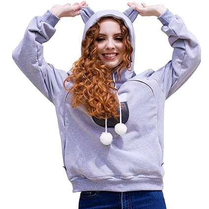 Pet Carrier Hoodie Cat Dog Pouch Holder Sweatshirt Large Pocket Pullover Shirt with Cat Ear for Women, Light Grey, X-Large