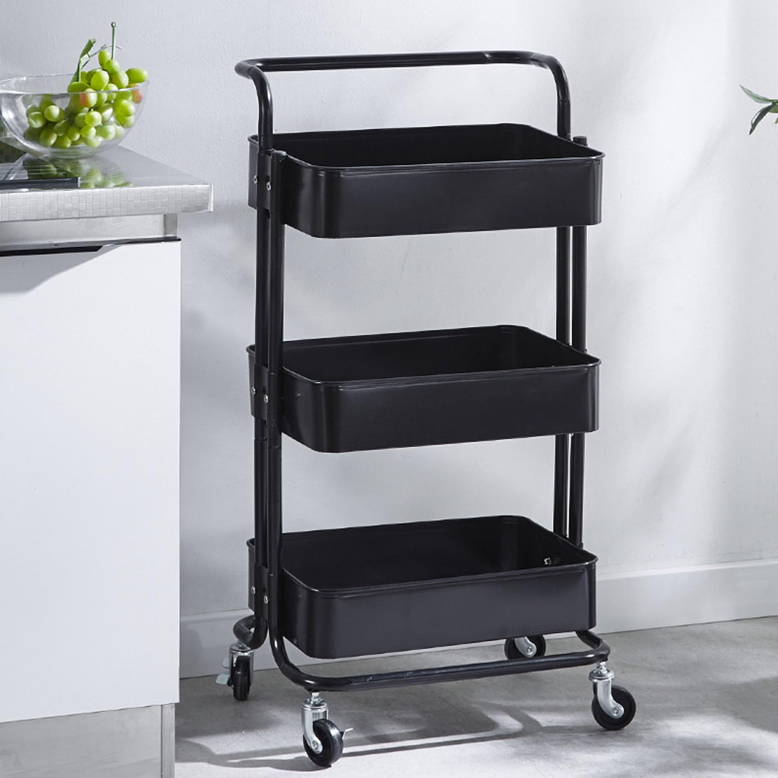 Mavoli Carrello Multiuso A 3 Ripiani con Ruote, Rosa, Autoportante, con Maniglia E Ruote Bloccabili, Organizer Multifunzionale Resistente per Cucina, Lavanderia, Bagno E Ufficio. Black