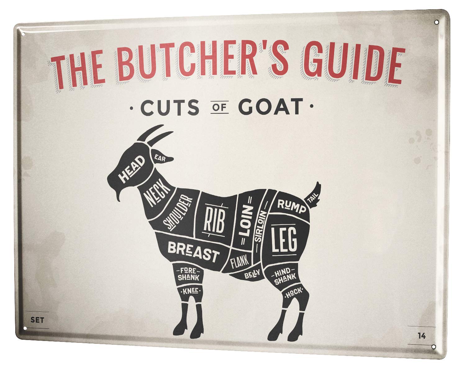 LEotiE SINCE 2004 tin plate food restaurant butcher meat cut goat