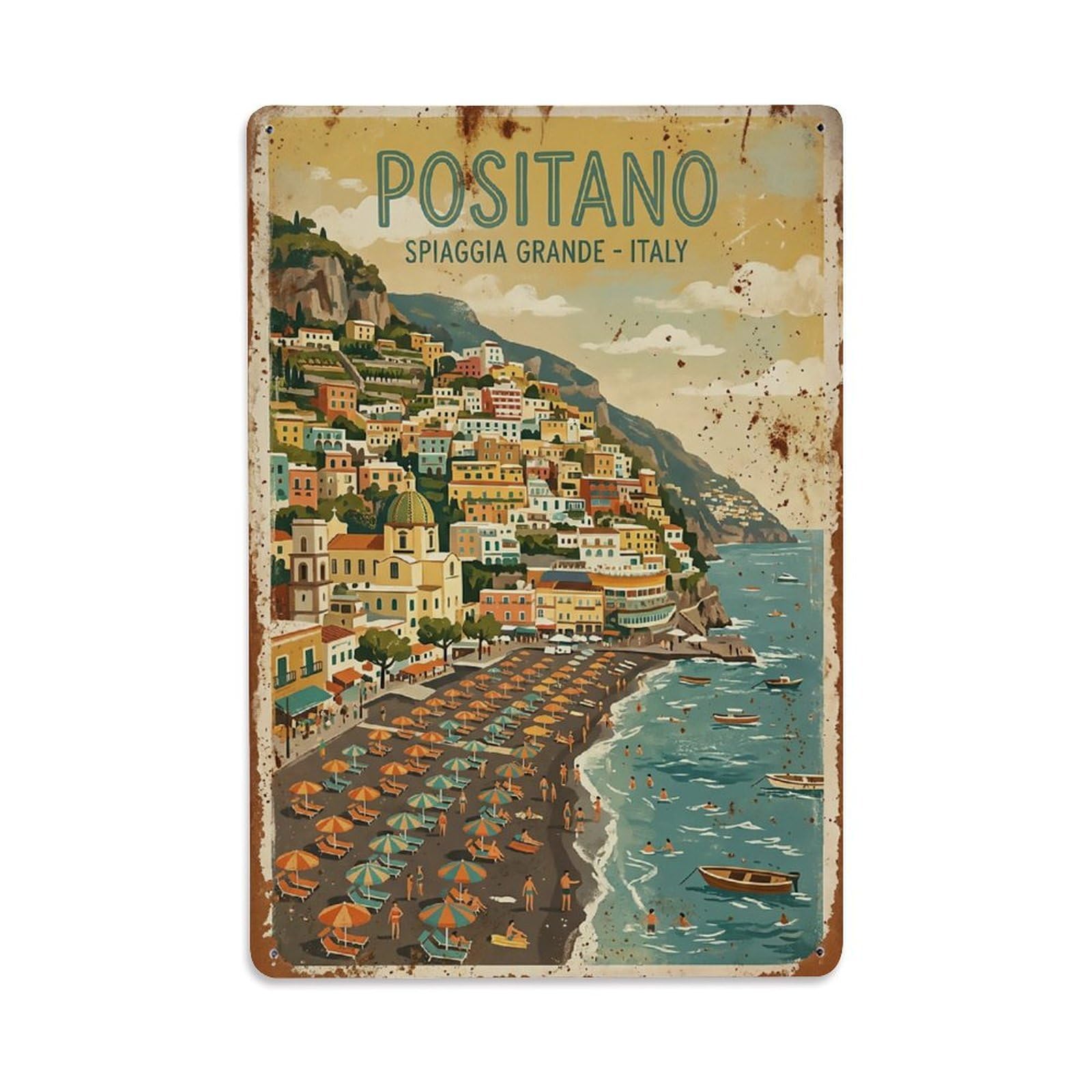 Huiyhb 8X12inch(20X30cm) Vintage Travel Positano Italy Beach Umbrellas Summer Metal Tin Sign