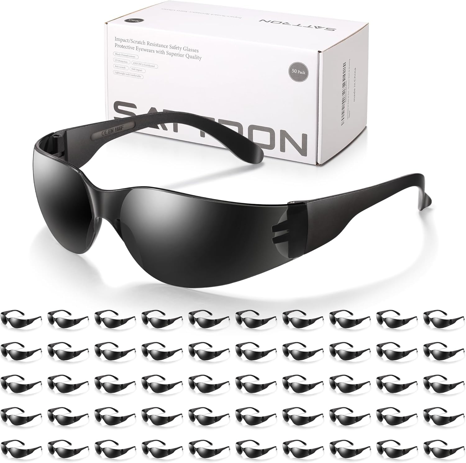 SATTRON 50 Pack of Tinted Safety Glasses, Scratch & Impact Resistant Protective Eyewear, Dark Lenses for UV Protection, Safety Sunglasses for