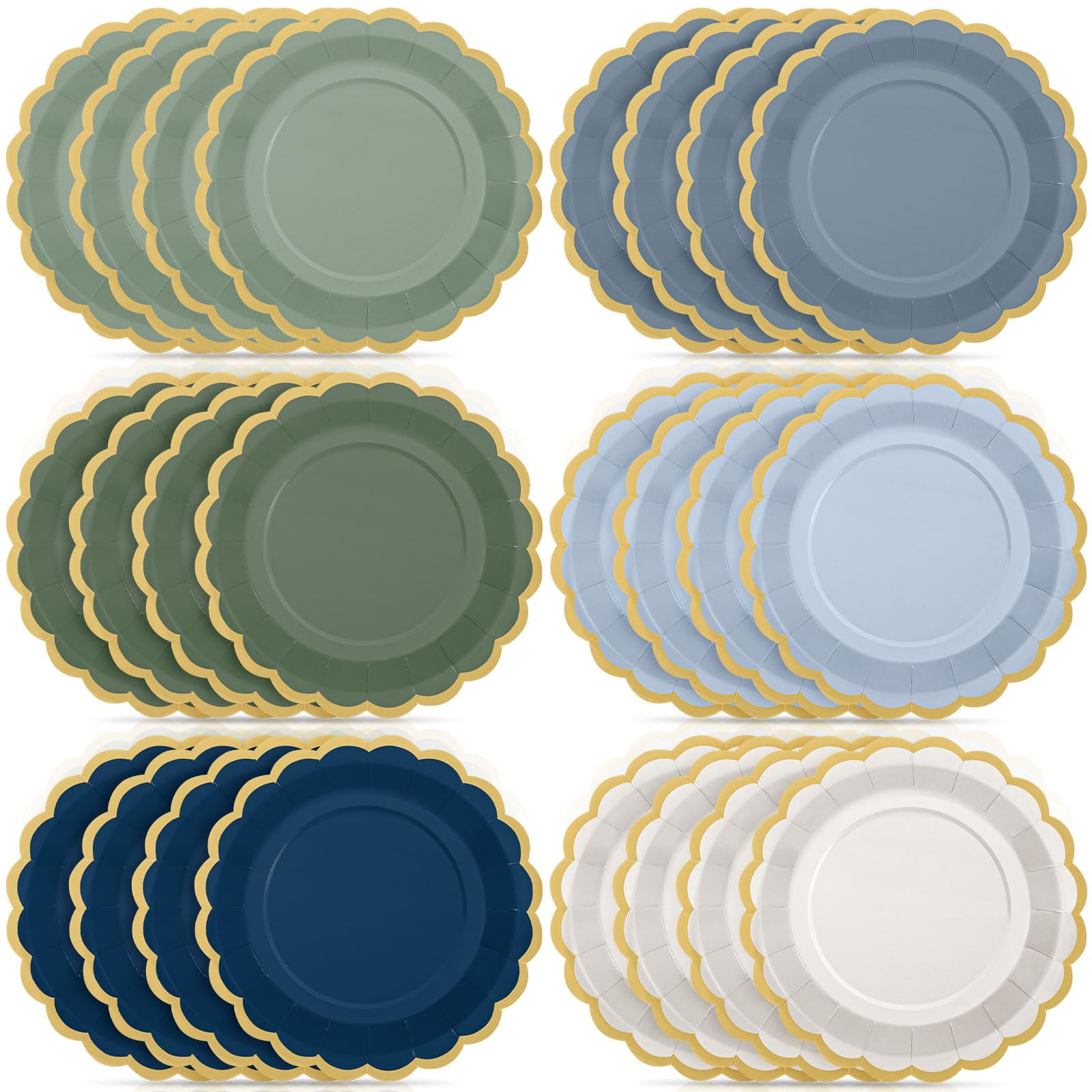 48 Pcs Dusty Blue Sage Green Paper Plates 9 Inch Green Blue Scalloped Paper Disposable Dinner Dessert Plates for Birthday Wedding Bridal Party Supplies, 6 Colors