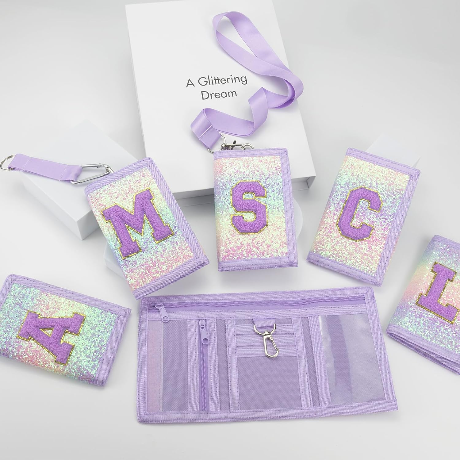 Girls Wallet for Kids Initial Glitter Wallets Trifold with Zipper and Card Slots Including Neck Lanyard and Hanging Strap, Pink Purple, K - Image 3