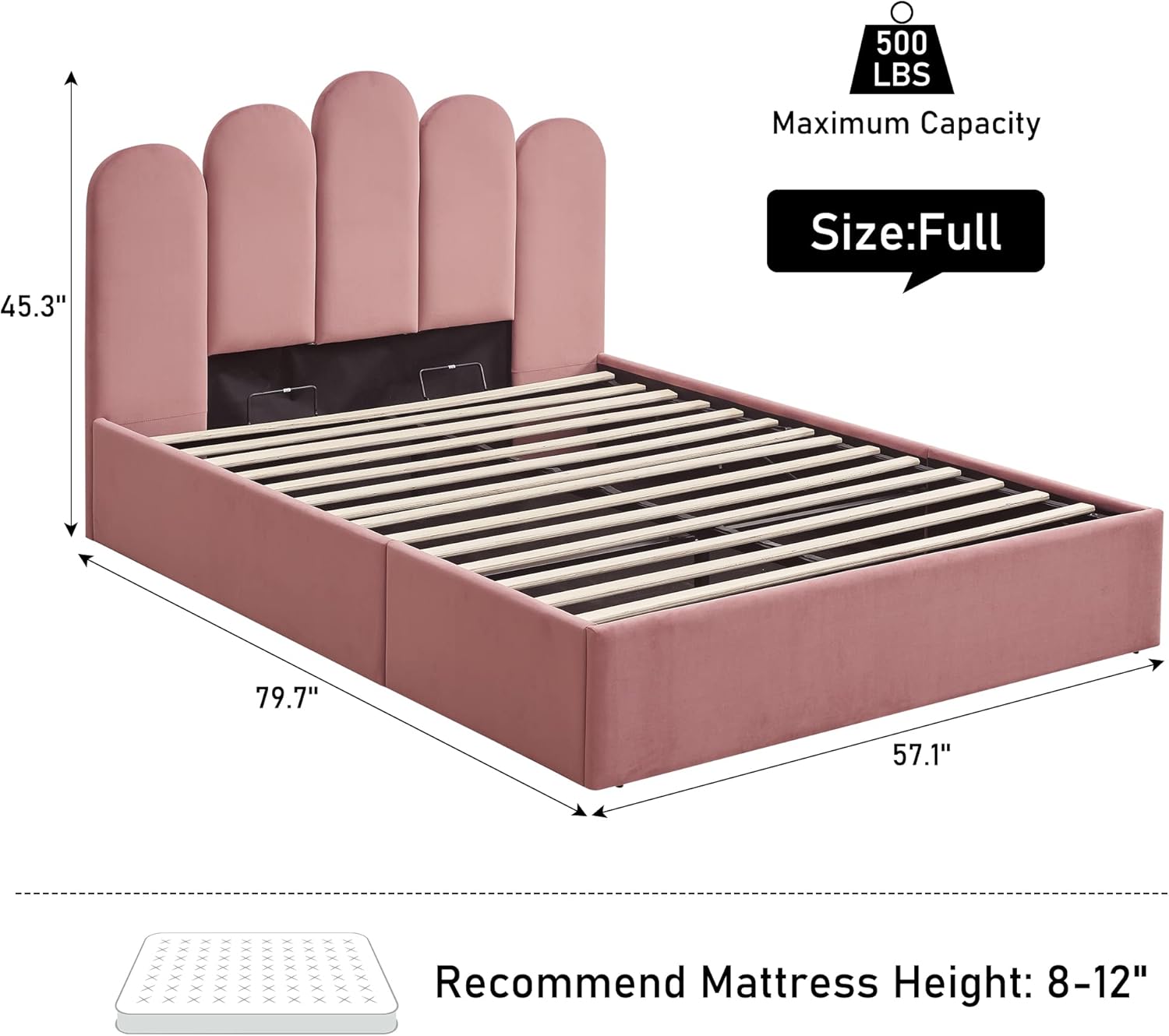 Lift Up Storage Bed Full Size, Upholstered Platform Bed with Hydraulic Storage System & Wood Slats Support, Full Bed Frame with Headboard, No Box Spring Needed, Easy Assembly, Pink