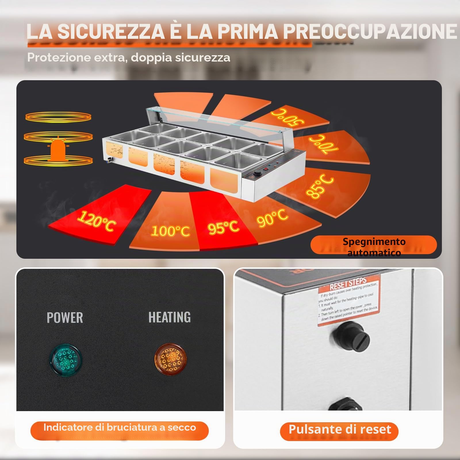 VEVOR Scaldavivande Commerciale con 8 Recipienti (8,8 L / 1/2 Dimensioni Ciascuno) Tavolo a Vapore Elettrico con Copertura in Vetro 1700 W Scaldavivande da Tavolo, Controllo della Temperatura 30-85 °C
