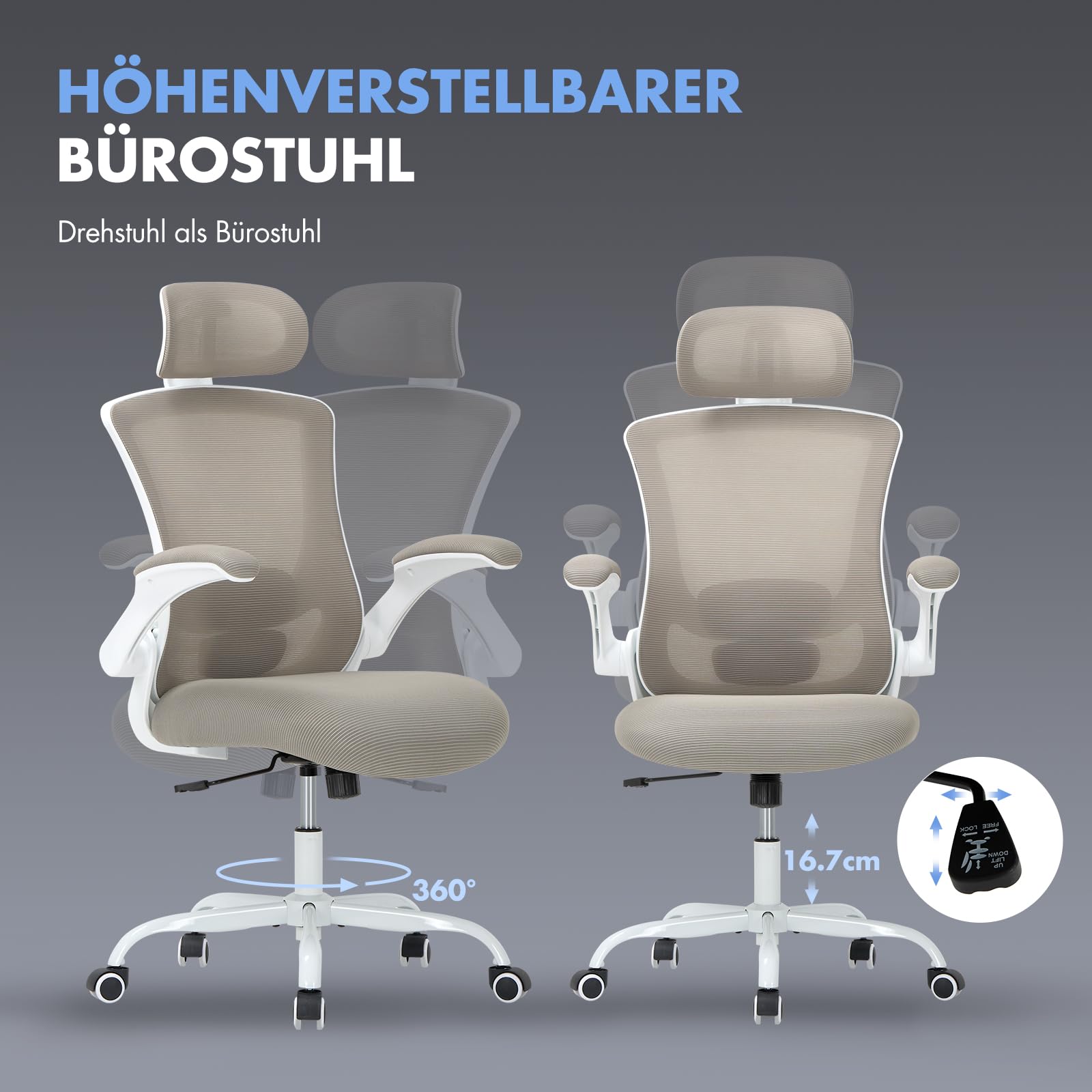 COLAMY Bürostuhl Mesh Computer Stuhl mit Verstellbarer Kopfstütze und Lendenwirbelstütze, Schreibtisch Ergonomischer Arbeitsstuhl mit hochklappbarer Armlehne, 140° Wippfunktion, Khaki