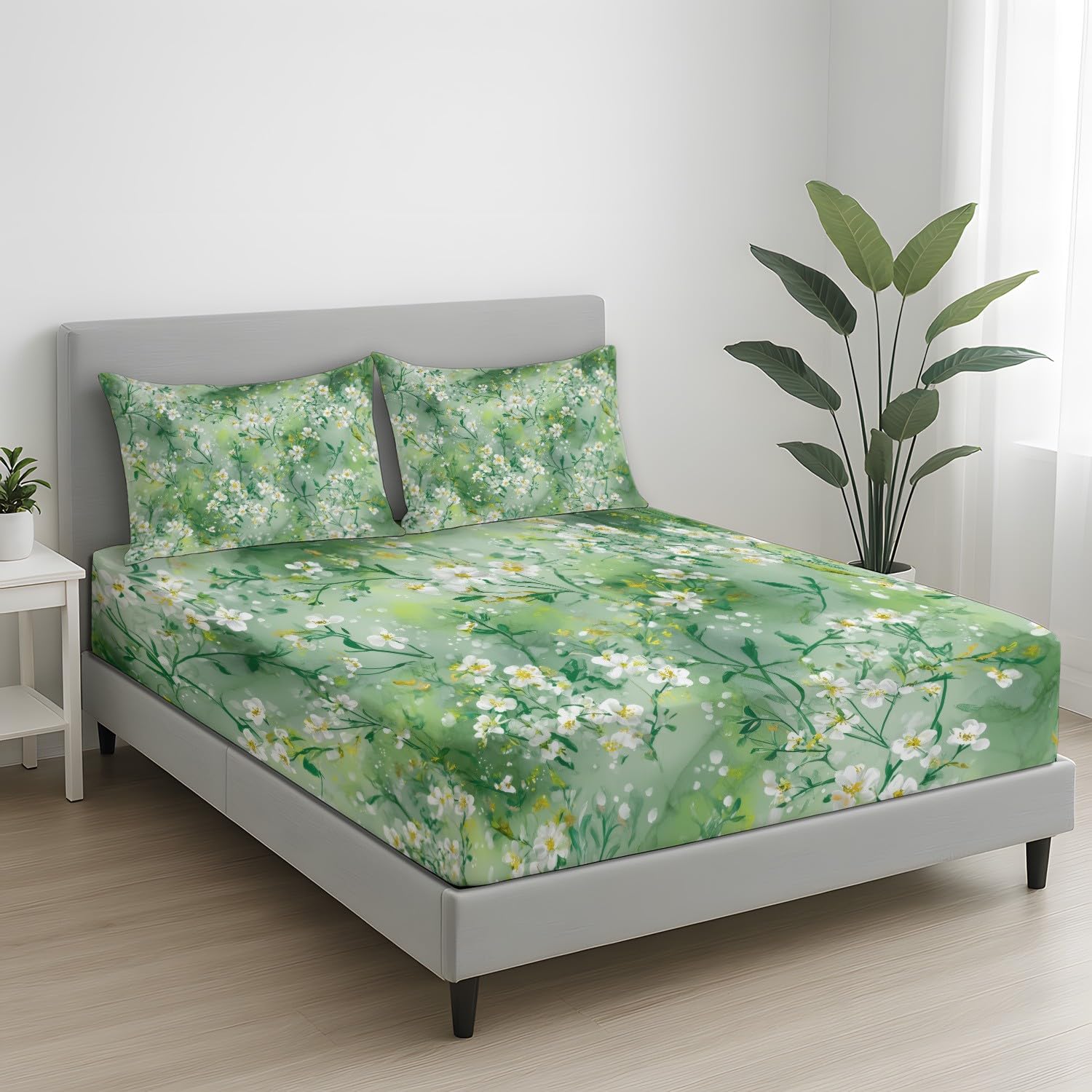 Aquarell Pflanze Spannbetttuch Frisch Blume Grünes Blatt Zweig Spannbettlaken 140 x 200 x 30 cm 3teilig Mikrofaser Bettwäsche Set mit 2 Kissenbezüge 80 x 80 cm Kein Flachbettlaken