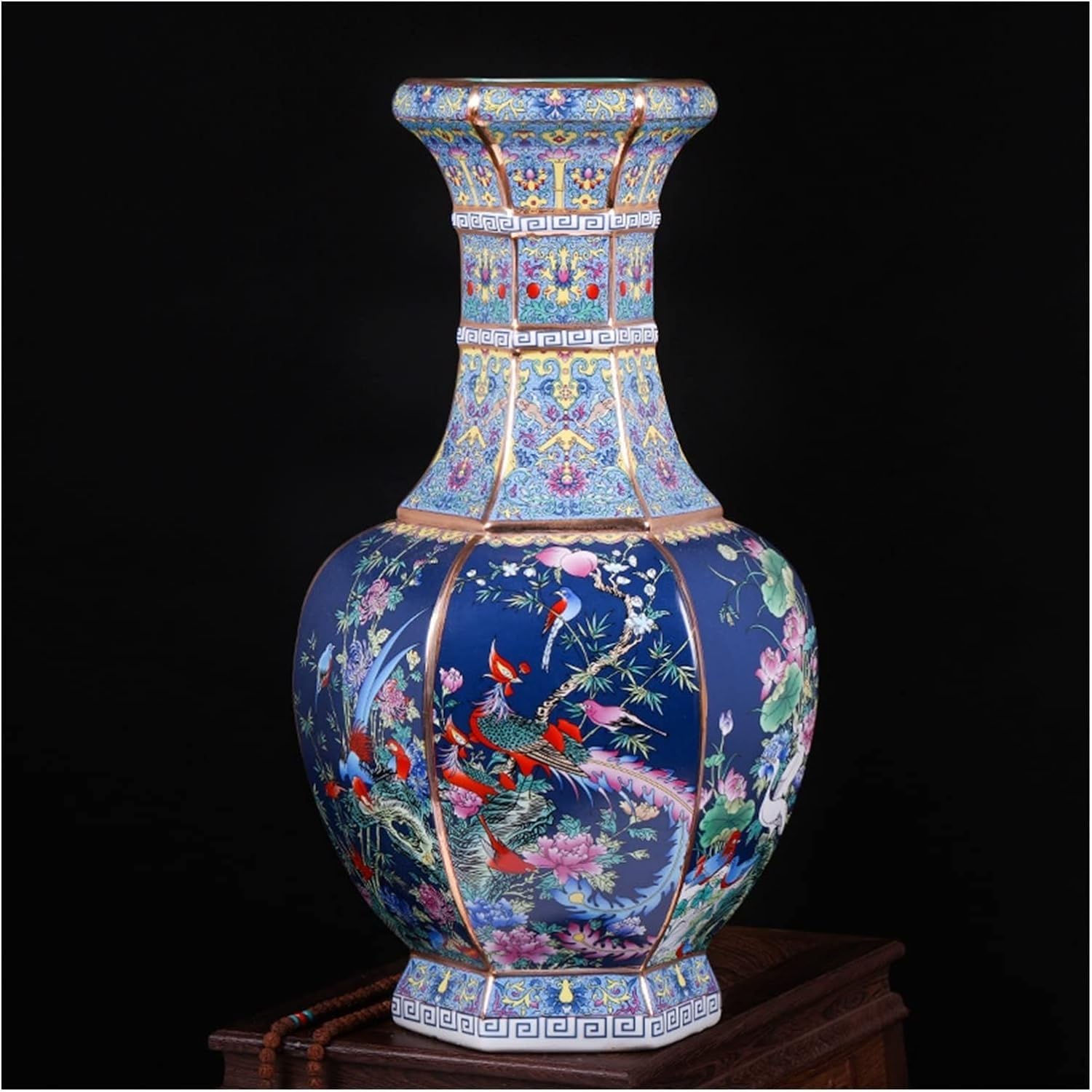 Vase Desktop Enamel Antique Hexagonal Tall Vase Floor Ceramic Furnishing Articles Large Vases(A Blue)