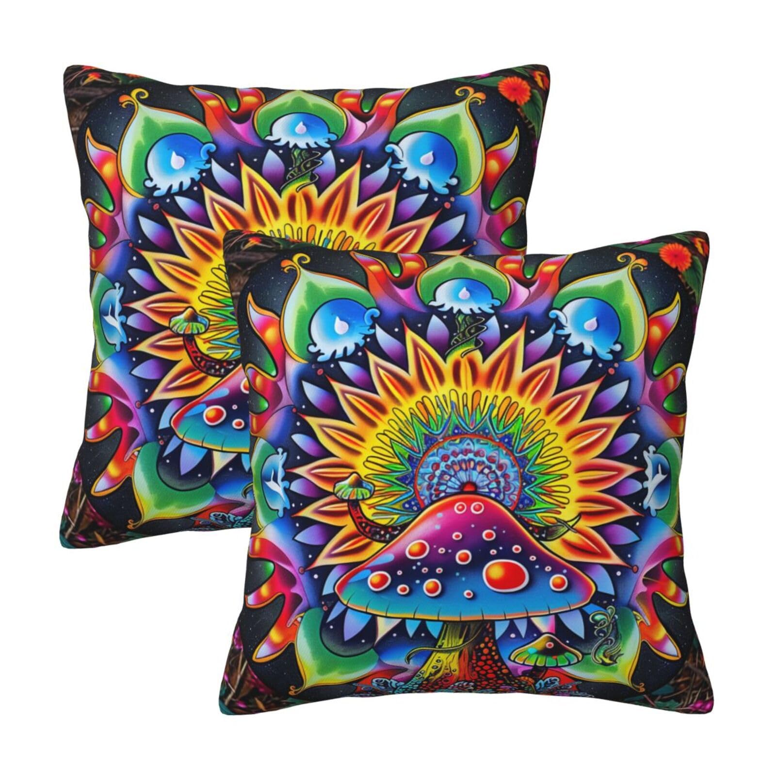 kkvhhyuo Abstract Mushroom Colorful Mandala Print Pillow Covers Set of 2, Square Decorative Cushion Covers with Hidden Zipper, Throw Pillow Cases for Living Room Sofa Bed Chair, 50x50 cm
