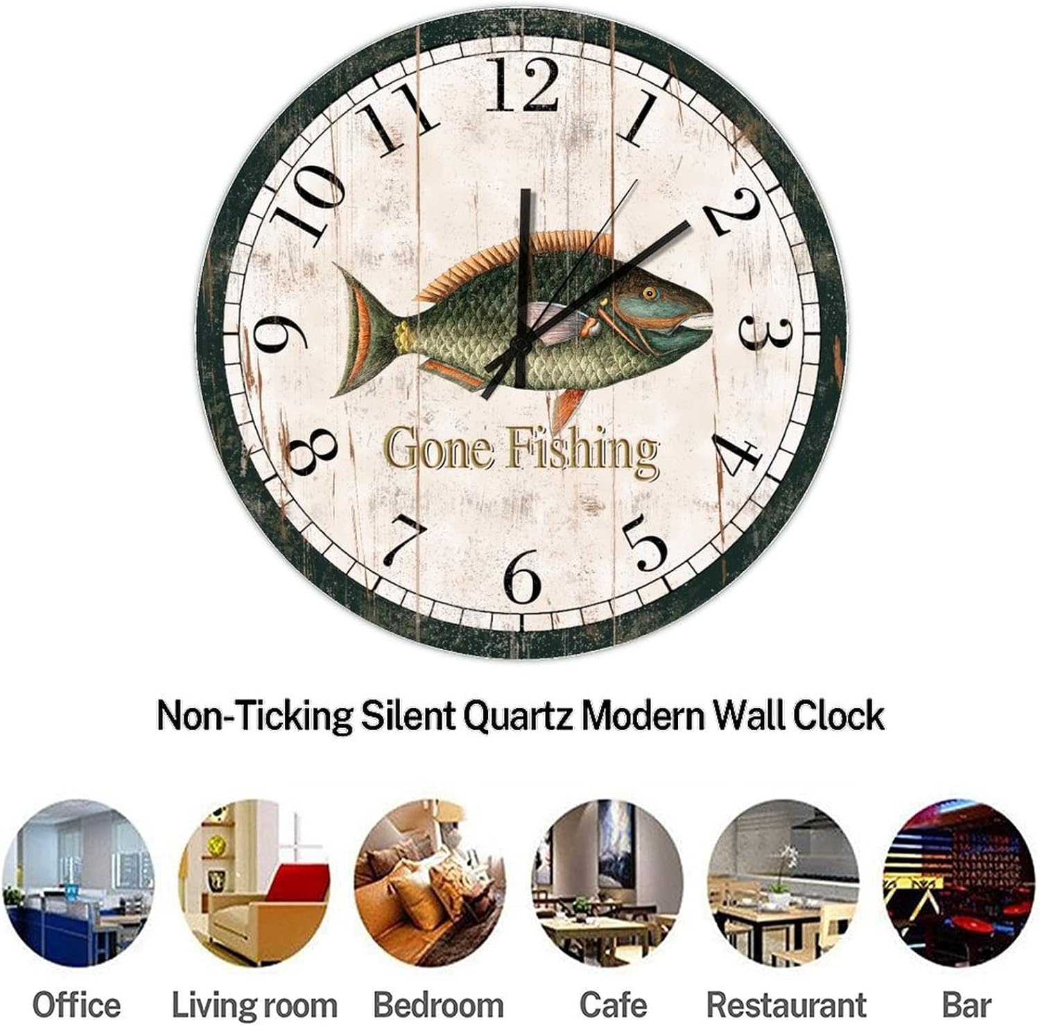 Round Wooden Wall Clock 12x12 Inch,Home Decor Wood Wall Clock,Retro Cute Fish Arabic Numerals Clock Gone Fishing Retro Silent Non-Ticking Battery Operated Wood Clock Wall Art Birthday Gifts