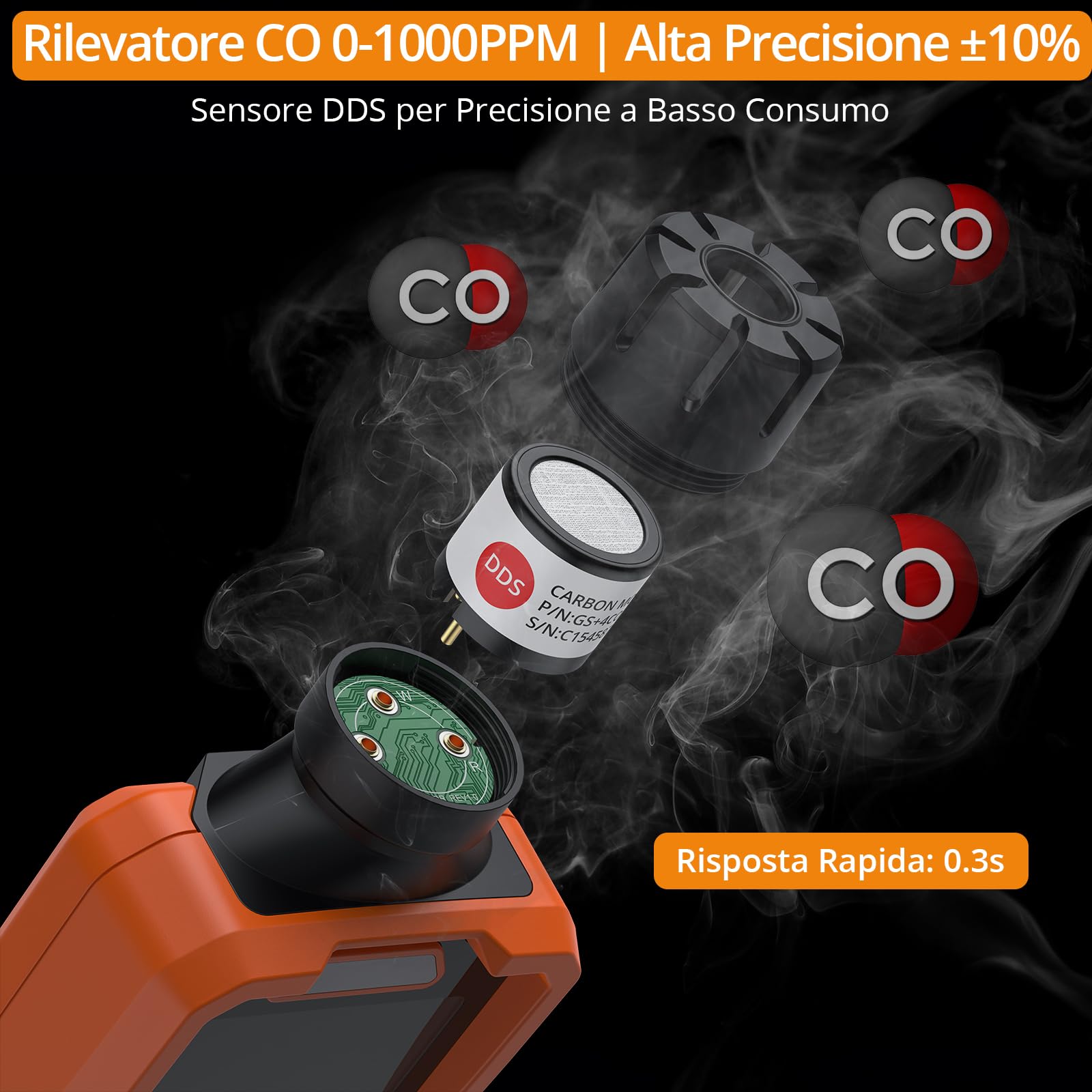 Neoteck Rivelatore Portatile di Monossido di Carbonio 1000 PPM (10% Precisione) CO Detector con Soglie Regolabili, Doppio Allarme Visivo/Acustico, Ricarica USB e Torcia per Casa, Camper e Viaggi