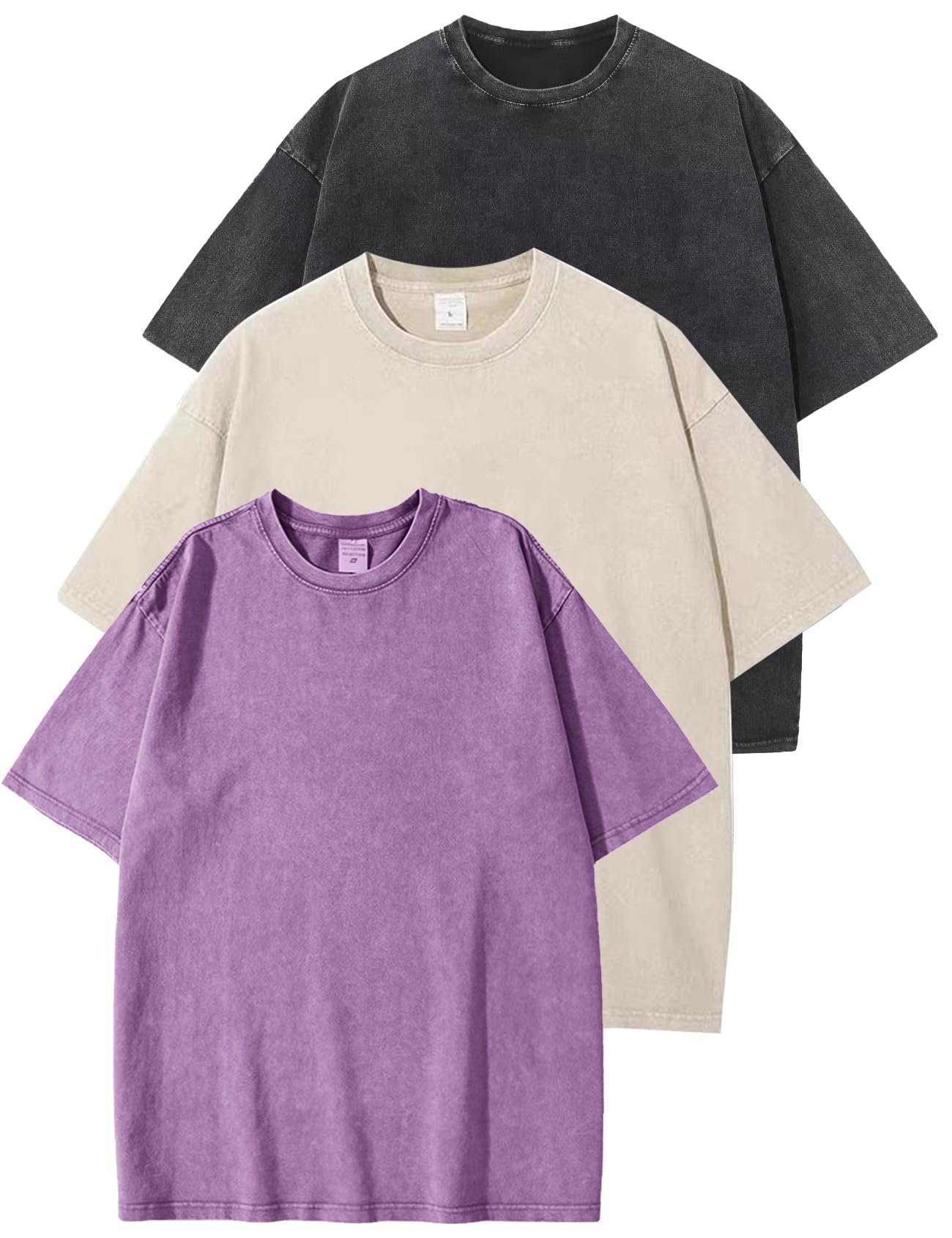 Flygo 3 Pack Men Oversized T Shirts Acid Washed Unisex Tee Loose Fit Short Sleeve Casual Streetwear Baggy Basic Tops