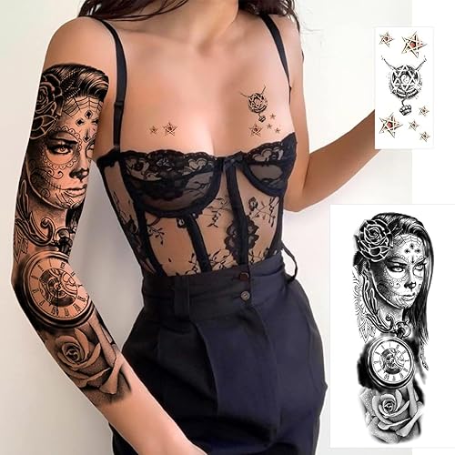 Miniatura 3 de Aniuvot - Tatuajes grandes de manga completa temporales para mujeres, 6 hojas y 2 tatuajes de medio brazo, calcomanías falsas para adultos,